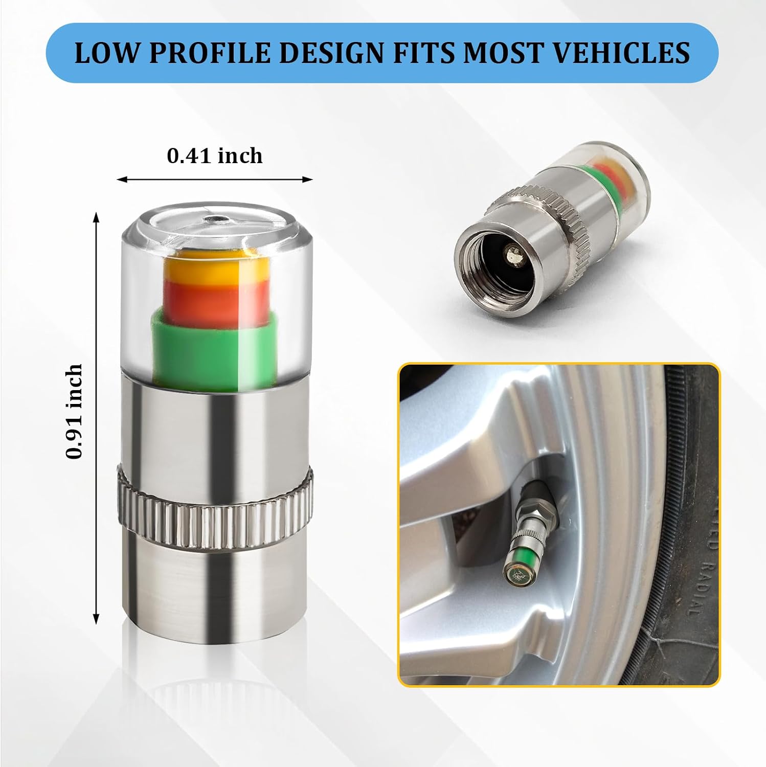 Tire Pressure Monitor Caps, 12PCS Tire Valve Stem Caps with 3-Color Eye Alert, 36 PSI Pressure Indicator Valve Caps for Cars Trucks SUVs, Silver