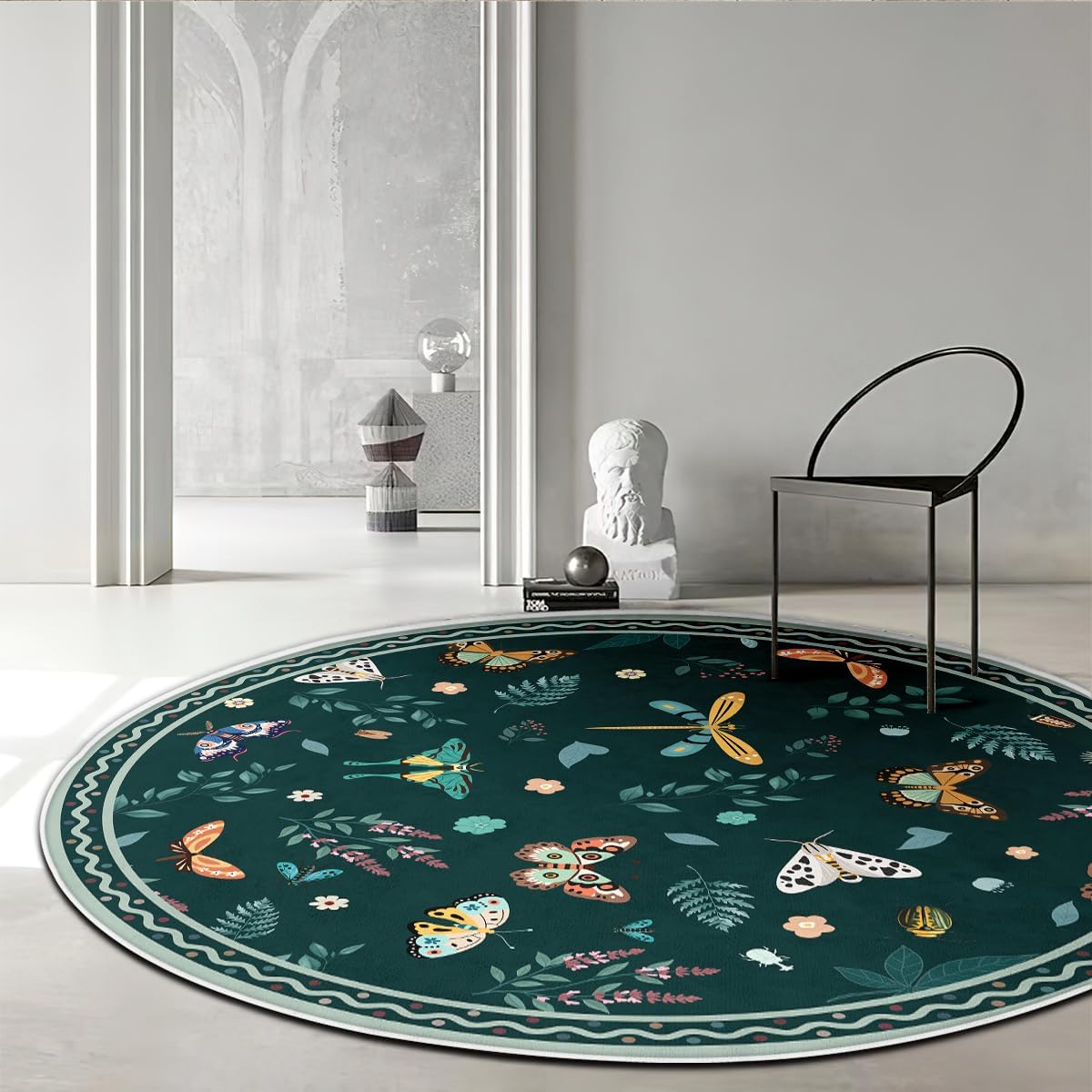 Insect Washable Rugs 4 Feet Round Soft Butterfly Throw Rugs for Living Room, Non Slip Low Pile Foldable Large Carpet for Entrance Bedroom, Dining Room, Kids Room, Green