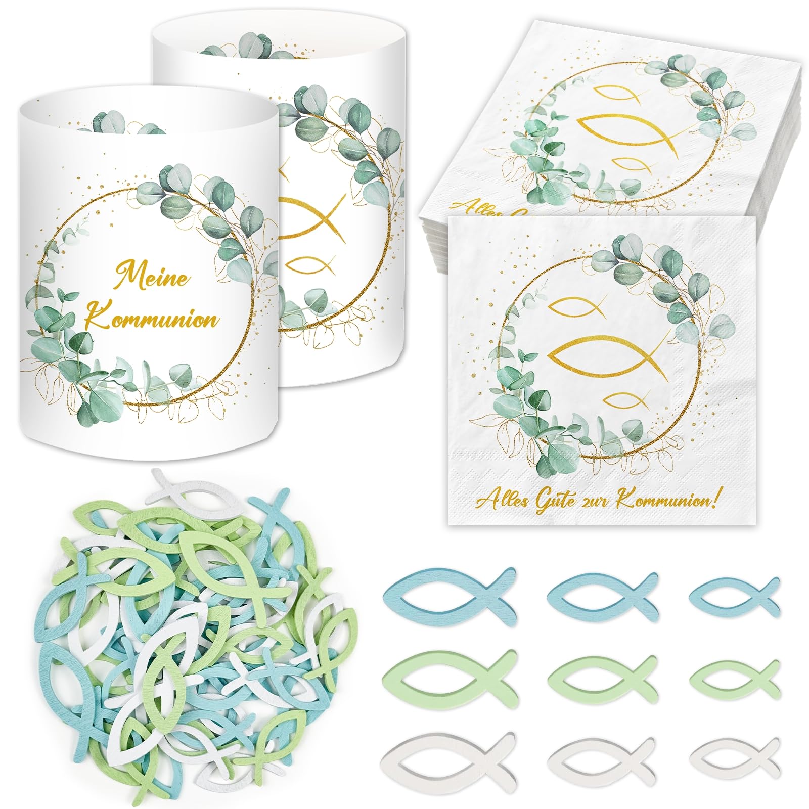 20 Stück Servietten Konfirmation + 60 Holzfische Streudeko + 12 Windlicht Tischdeko, Meine Konfirmation Deko Mädchen Junge Eukalyptus Grün, Party Geschenke Gastgeschenke, Konfirmationsgeschenk