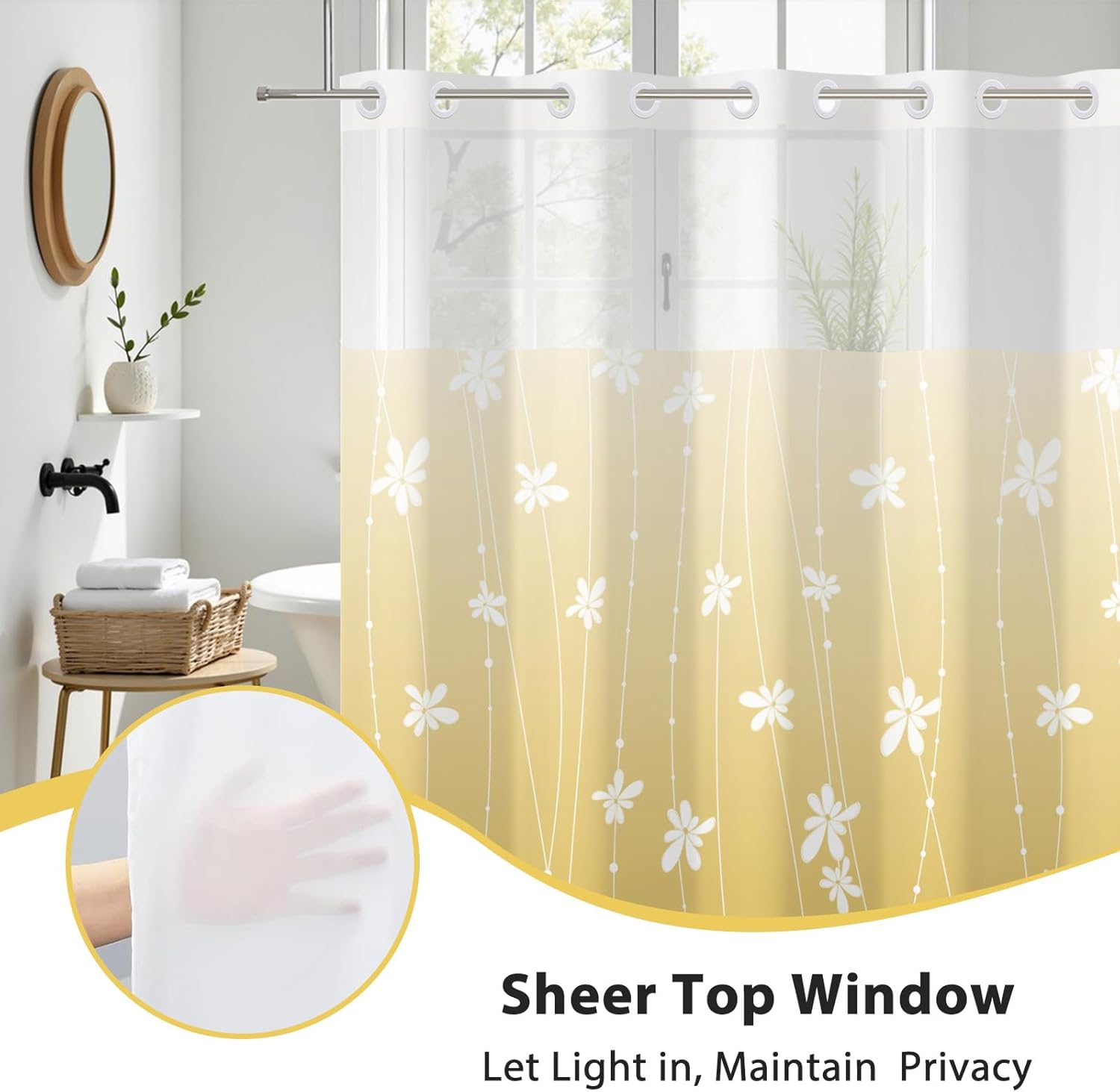 No Hook Shower Curtain with Snap-in Liner, Yellow Ombre Bathroom Shower Curtains with Liner Set, Waterproof & Washable, Mesh Top Window, 59" W x 79" L
