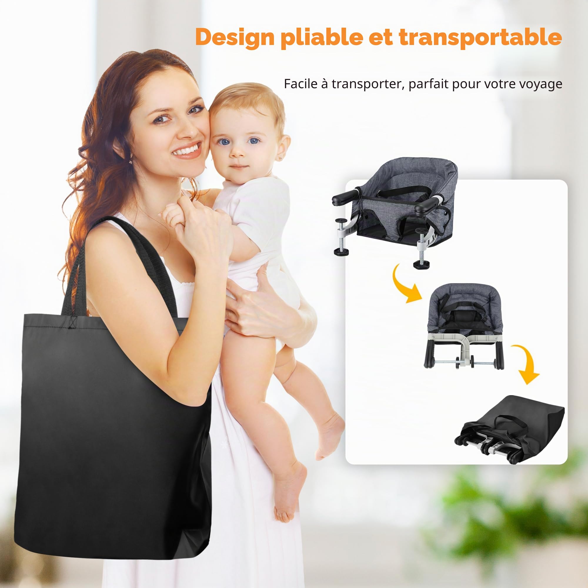 Toogel Siège de Table pour Bébé, Chaise Haute Portable Pilante avec Harnais de Sécurité, Chaise Enfant de Table avec Sac de Transport pour Maison et Voyage (Gris)