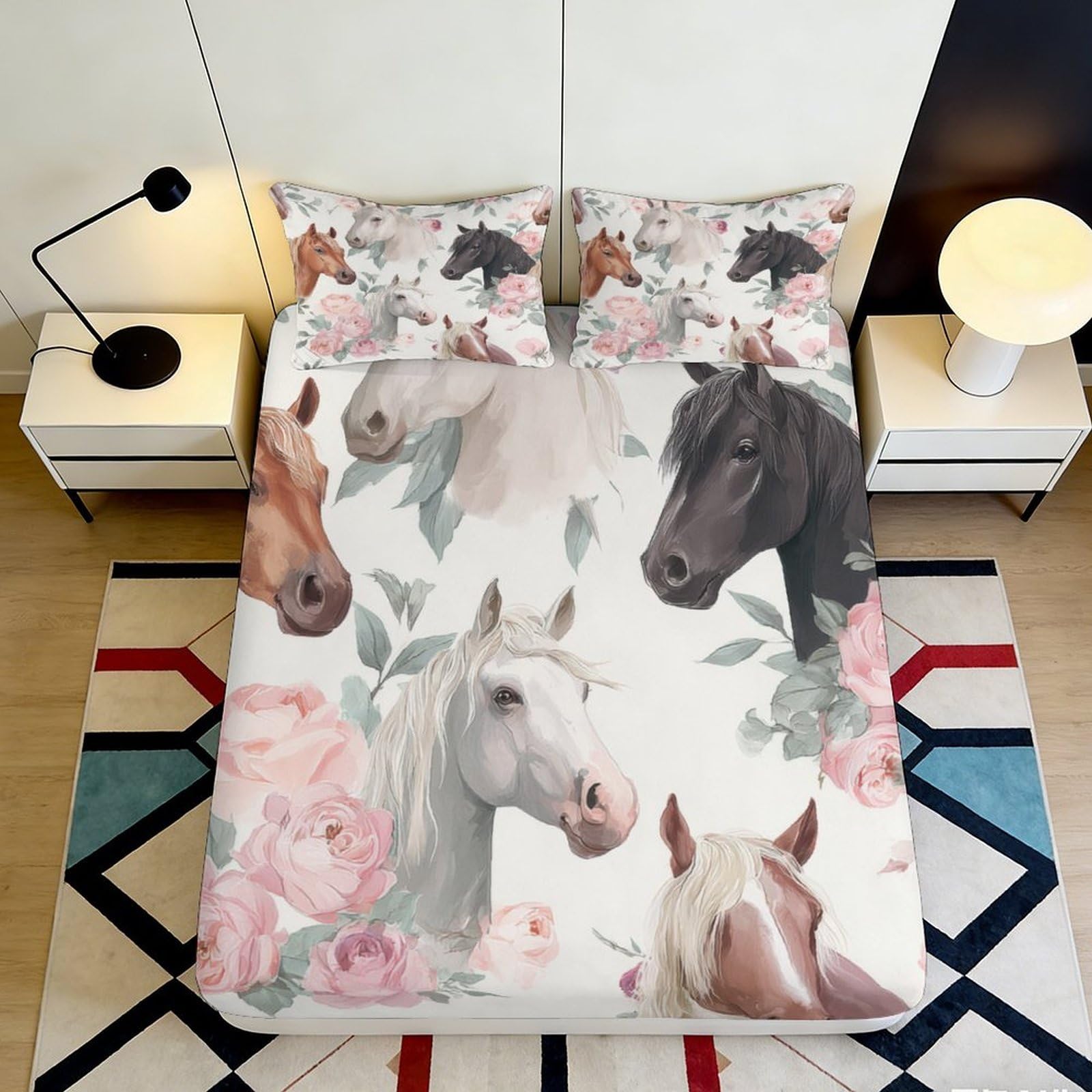 3D Printed Horse Floral Fitted Sheet Microfiber Soft Breathable Wild Mustang Bed Cover for Bedroom Dorm Mattress Protection Decor 140x200x25cm