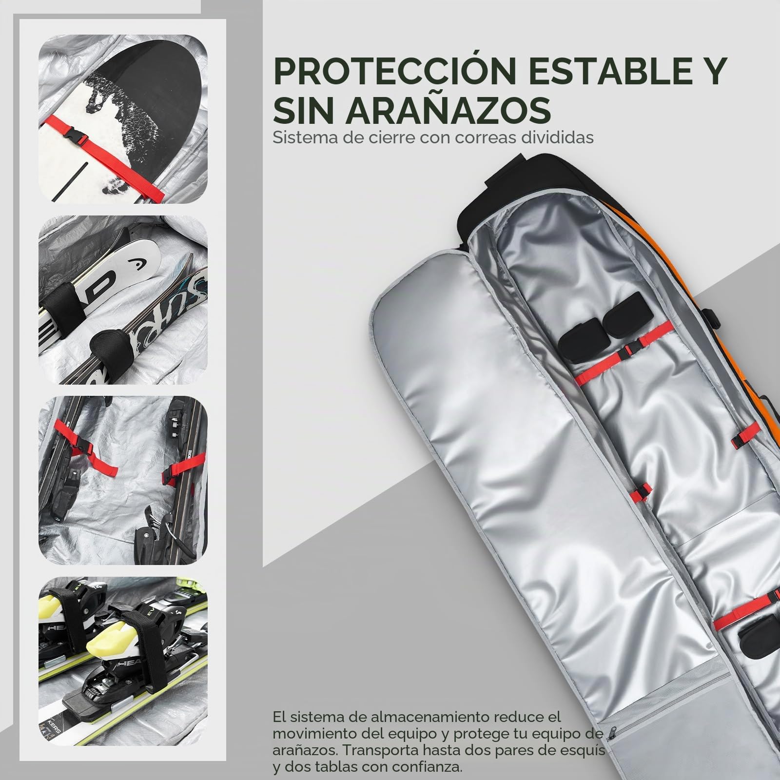Odoland Bolsa de Esquí con Ruedas Bolsas Acolchadas para Snowboard y Botas de Esquí con Ruedas para Viajes en Avión, Tela Oxford 900D Impermeable, Apta a 2 Pares de Esquís de 170/190 cm