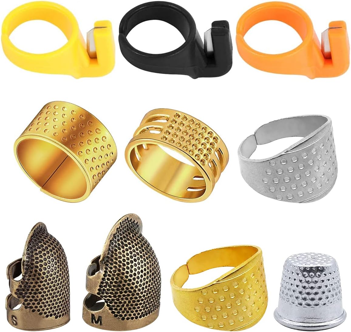 Sewing Thimble,CHENKEE 7 pcs Vintage Sewing Thimble Finger Protector Fingertip Thimble Adjustable Finger Metal Shield Protector with Thread Cutter Ring for Sewing Embroidery Needlework