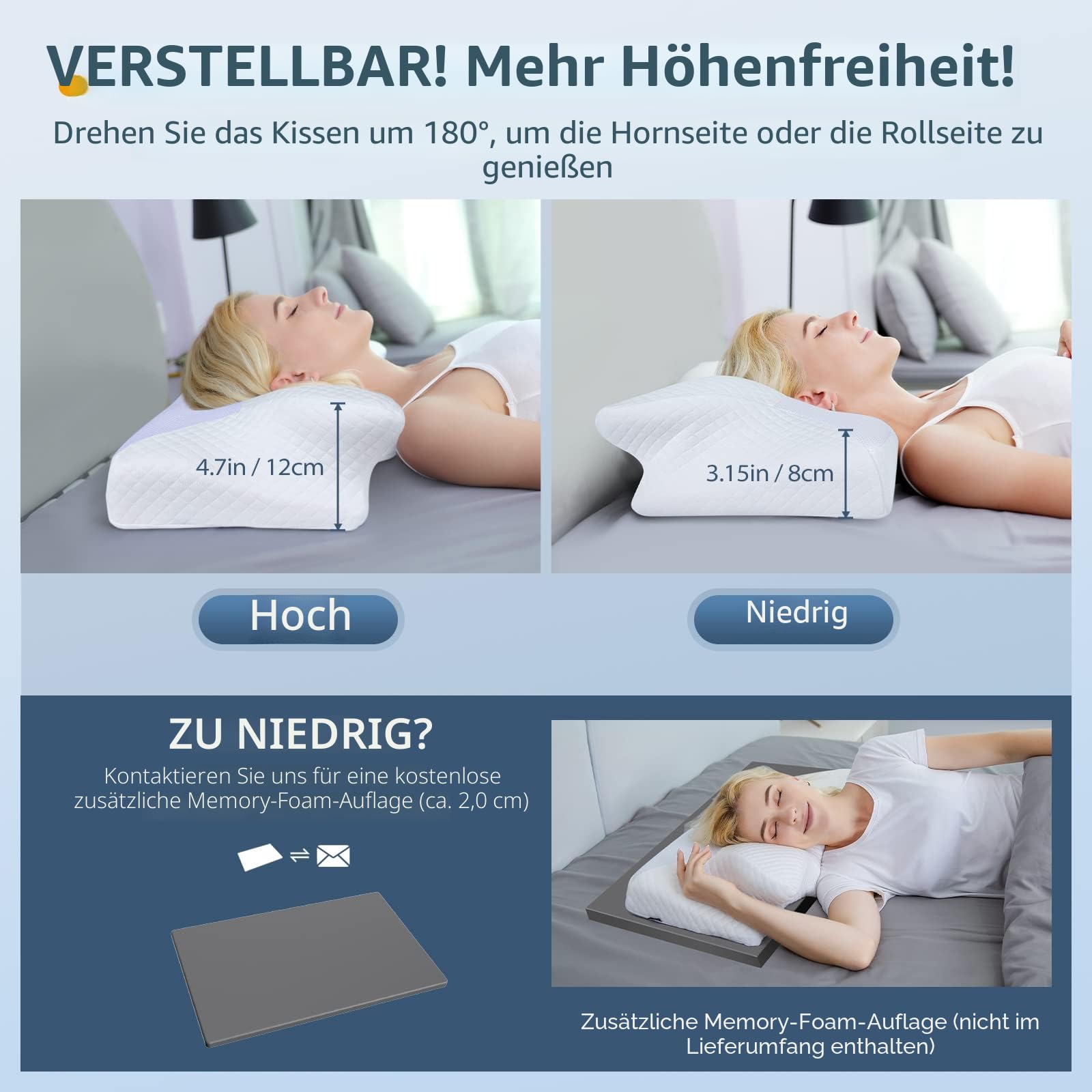 HOMCA Orthopädisches Kissen Memory Foam Nackenstützkissen für HWS Ergonomisches Kopfkissen für Rücken-, Seiten- und Bauchschläfer, 60 * 35 * 8/12cm
