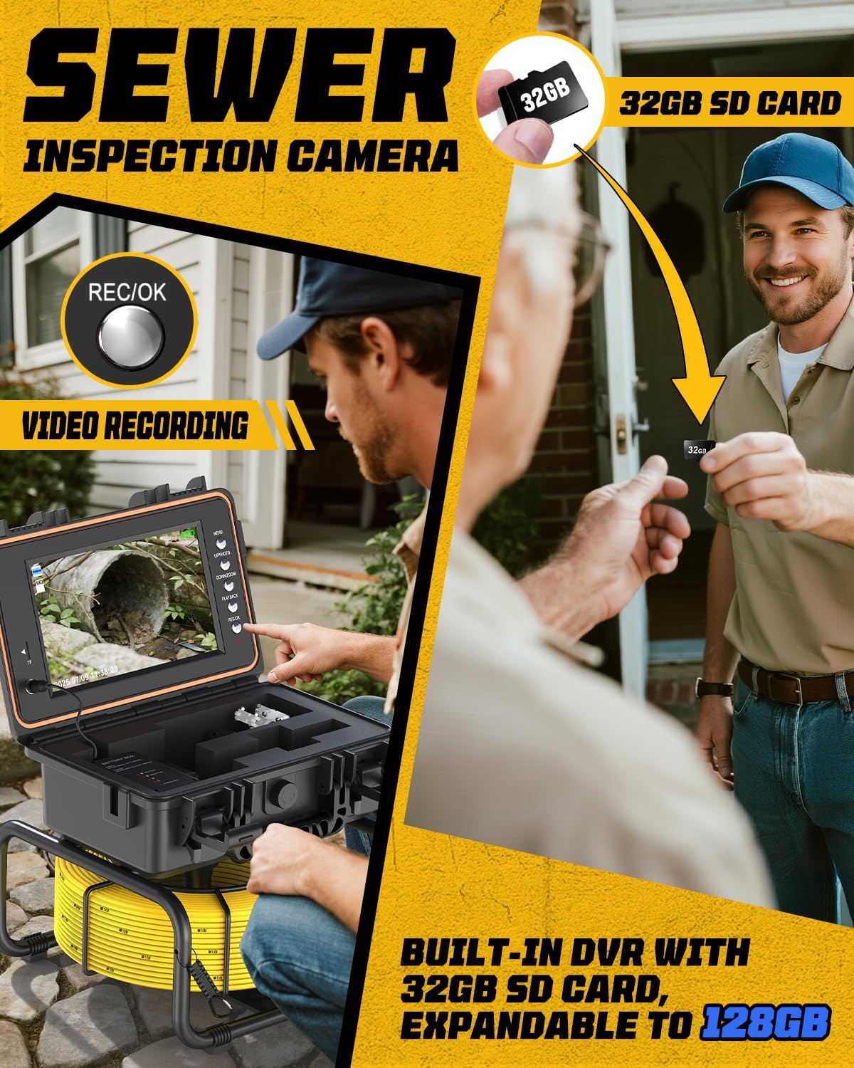 Anysun 9'' Sewer Camera Self Leveling, 5100mAh, Length Marker, IPS Screen 1080P with DVR - 32GB, IP68 Sewer Pipe Cameras, Sewer Scope Pipe Drain Plumbing Inspection Cam Borescope Snake (100Ft, Yellow)