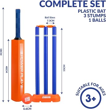 Power Play Plastic Cricket Set Size 1 for Kids, Lightweight Ball, Stumps & Bat