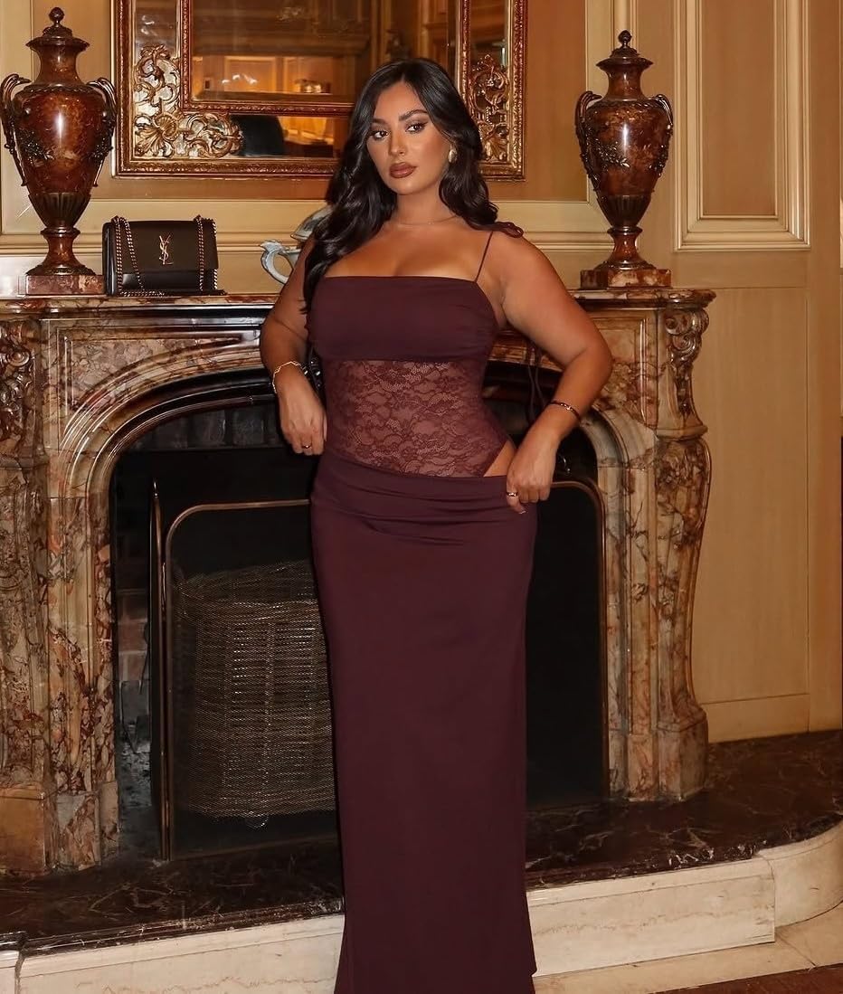 Women's Lace Splicing Cutout Maxi Dress Square Neck Sleeveless Bodycon Sheer Corset Elegant Wedding Guest Dress - Image 3