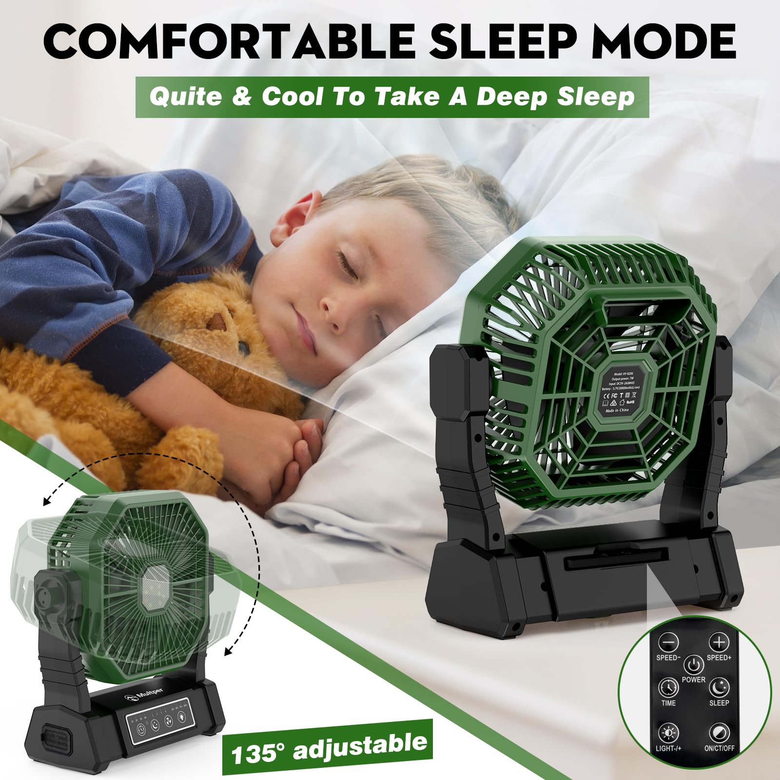 Multper Ventilateur de Camping 10000mAh Portable Rechargeable 4 Vitesses, Ventilateur USB Silencieux avec Lumière LED, Télécommande et Crochet pour Camping, Bureau et Maison