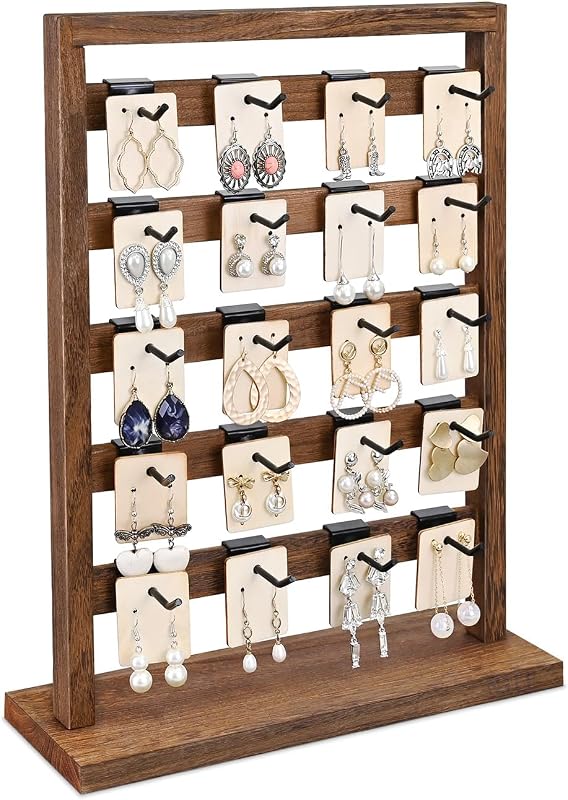 Ikee Design Estante de exhibición de joyería de madera de montaje gratuito de 5 niveles con 20 ganchos de metal extraíbles, soporte de exhibición de tarjetas para pendientes, organizador de joyas, organizador de pulseras, soporte de exhibición de llavero, color marrón | Estante de exhibición de joyería de madera de 5 niveles con ganchos: viene con 20 ganchos de metal extraíbles para aretes, tarjetas para aretes y pulseras.