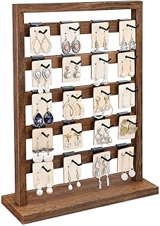 Ikee Design 5 Tiers Free Assemble Wooden Jewelry Display Rack with 20 Removable Metal Hooks,Earring Card Display Stand,Jewelry Organizer,Bracelet Organizer,Keychain Display Stand,Brown Color