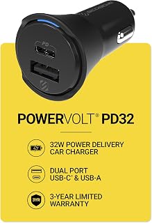 Scosche PowerVolt Power Delivery 32W Dual Port USB-C Car Charger Adapter | Fast Charging Cigarette Lighter USB Charger for Car with 20W USB-C and 12W USB-A Ports for iPhone, Galaxy, Pixel & More