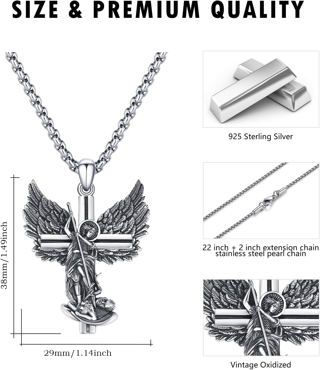 Archangel Saint Michael Necklace for Men Women 925 Sterling Silver Saint Michael Amulet Pendant Necklace Archangel Miracle Medal Pendant Protect Us Religious Jewelry Gift for Men - Image 6