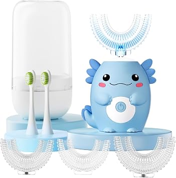 Kids Electric U Shaped Toothbrush - Axolotl Kids Sonic Toothbrush with 6 Brush Head Automatic 6 Cleaning Modes Full Mouth Cleaning-Blue