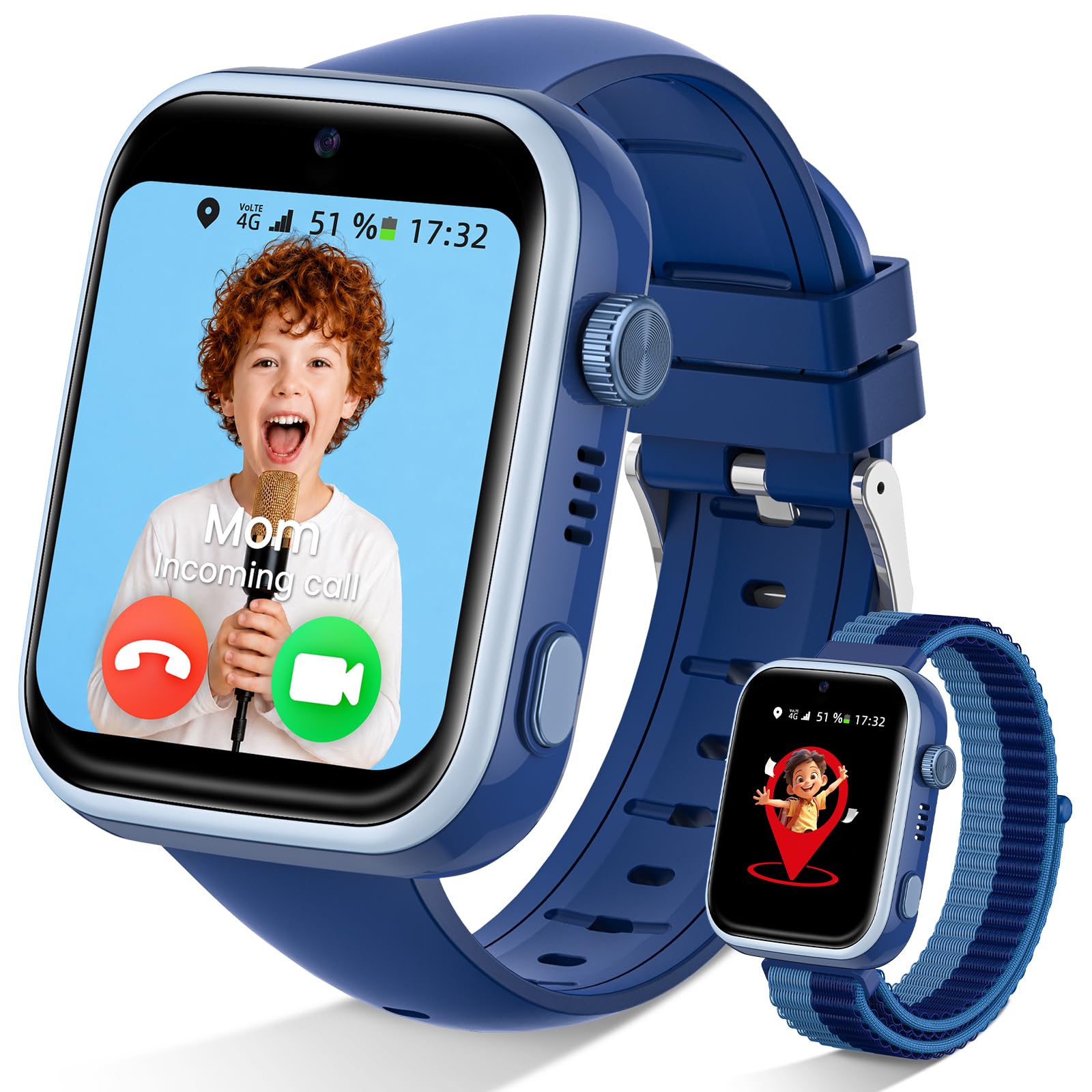 Pietraud 4G Migliorata Smartwatch Bambini con Chiamate/GPS, Blu | Videochiamate, Chat Vocale, WhatsApp, WiFi, SOS, SMS, Impermeabile IP68, Modalità Scuola e Contapassi Regalo Bambini