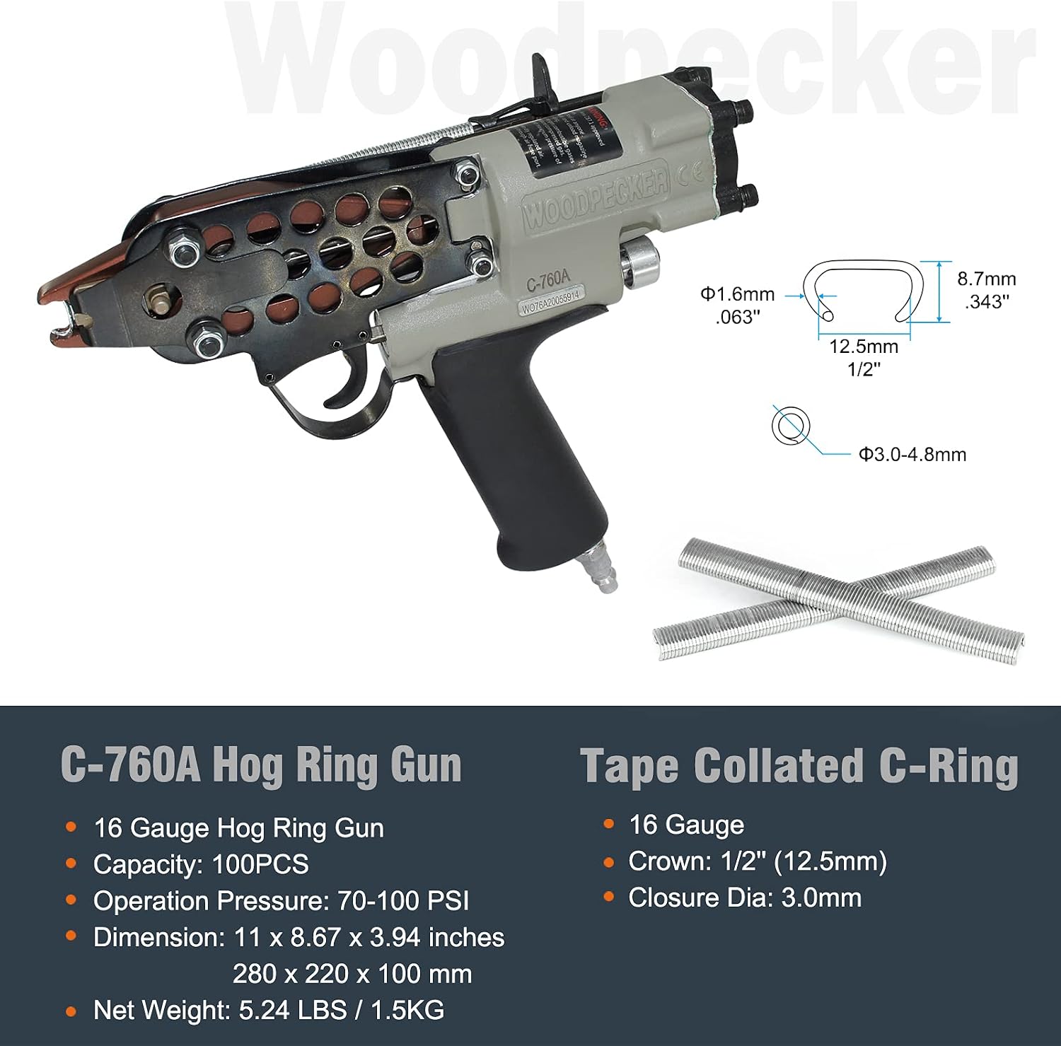 Super Deal Product WOODPECKER C-760A 16 Guage Pneumatic Hog Ring Gun, Standard 3.0mm Closure Diameter, 1/2-Inch Crown Hog Ring Staples, Power C Ring Gun Air Hog Ring Plier Tool for Wire Cages, Seat Making, Fencing Flash Sale Buy 1 get 1 WOODPECKER C-760A 16 Guage Pneumatic Hog Ring Gun, Standard 3.0mm Closure Diameter, 1/2-Inch Crown Hog Ring Staples, Power C Ring Gun Air Hog Ring Plier Tool for Wire Cages, Seat Making, Fencing