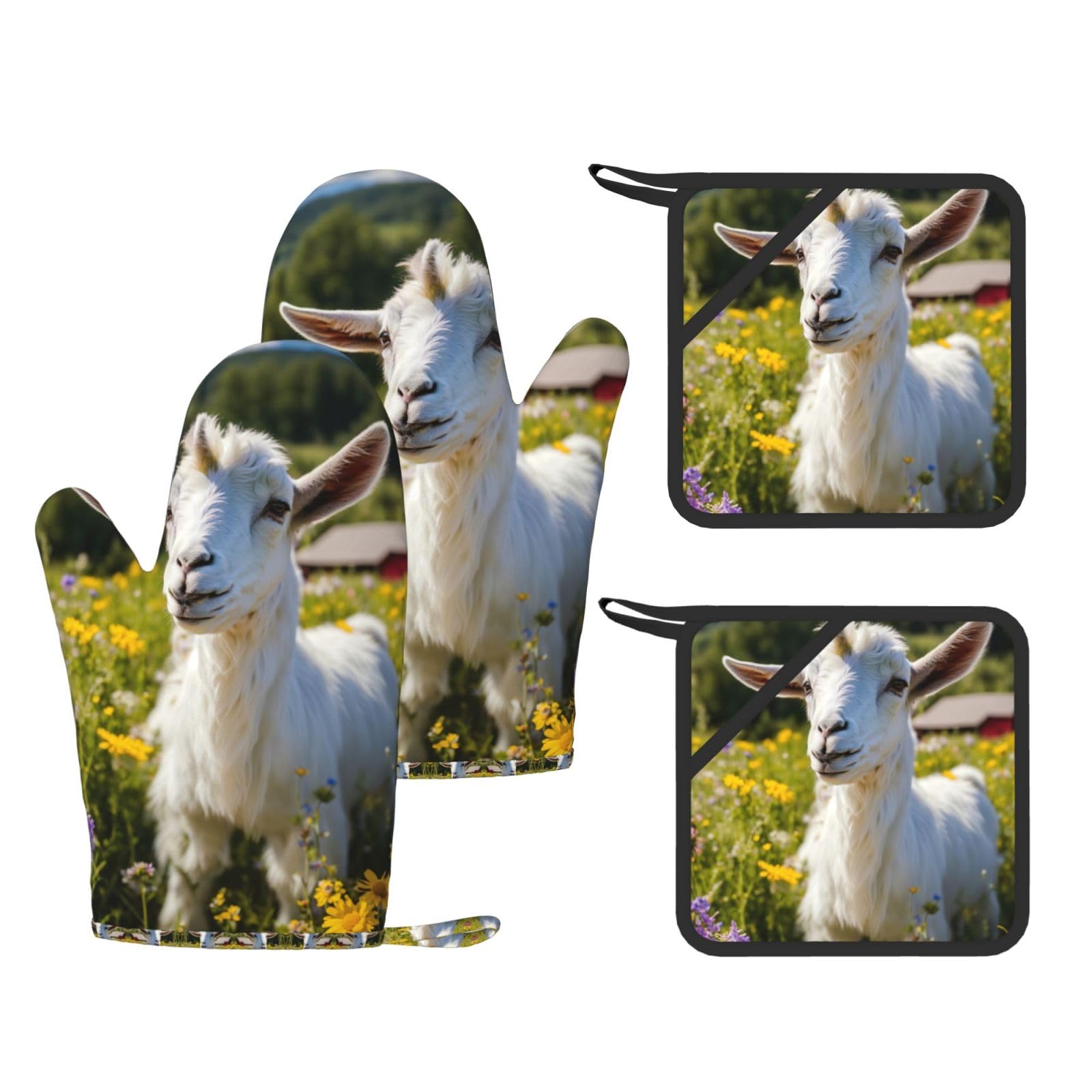 Goat Stylish Printed Kitchen Set Including Heat Resistant Gloves and Non-Slip Hot Pads for Cooking BBQ