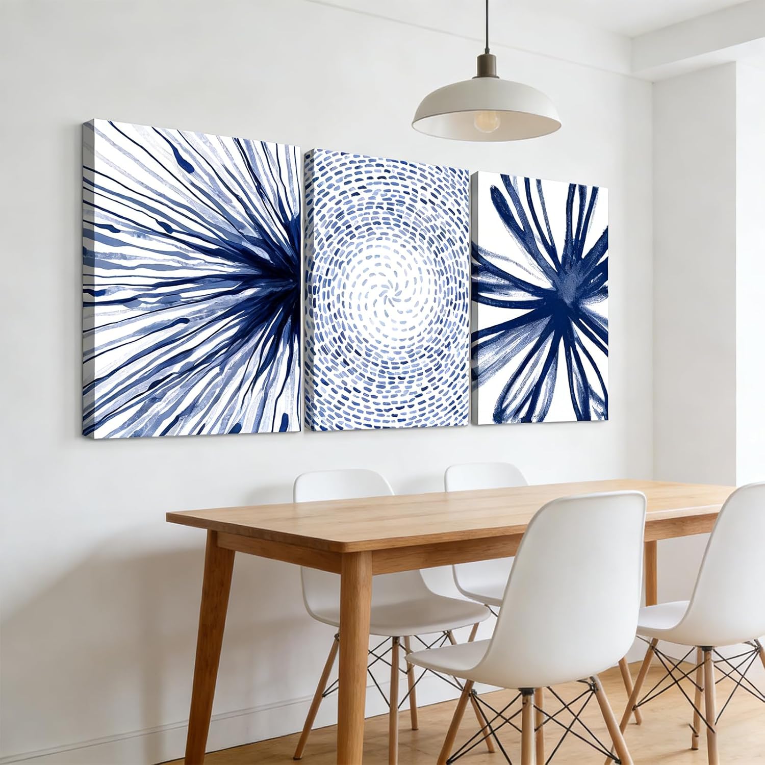 ZYNOOVVX Abstract Blue and White Canvas Wall Art - 3 Piece Modern Radiant Spiral Artwork, Navy Blue Minimalist Wall Decor for Living Room Bedroom Office, Framed Ready to Hang 12x16 In