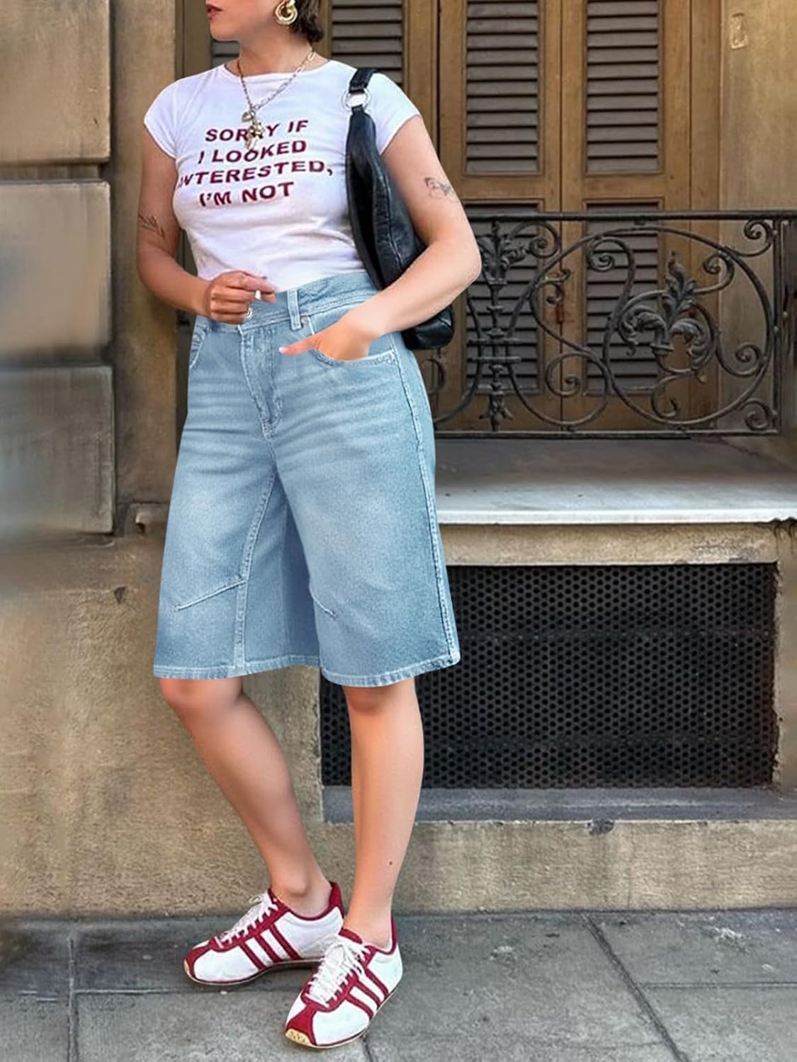 Cicy Bell Womens Summer Wide Leg Denim Shorts Casual Loose Mid Rise Jorts Bermuda Knee Length Jeans Shorts - Image 5