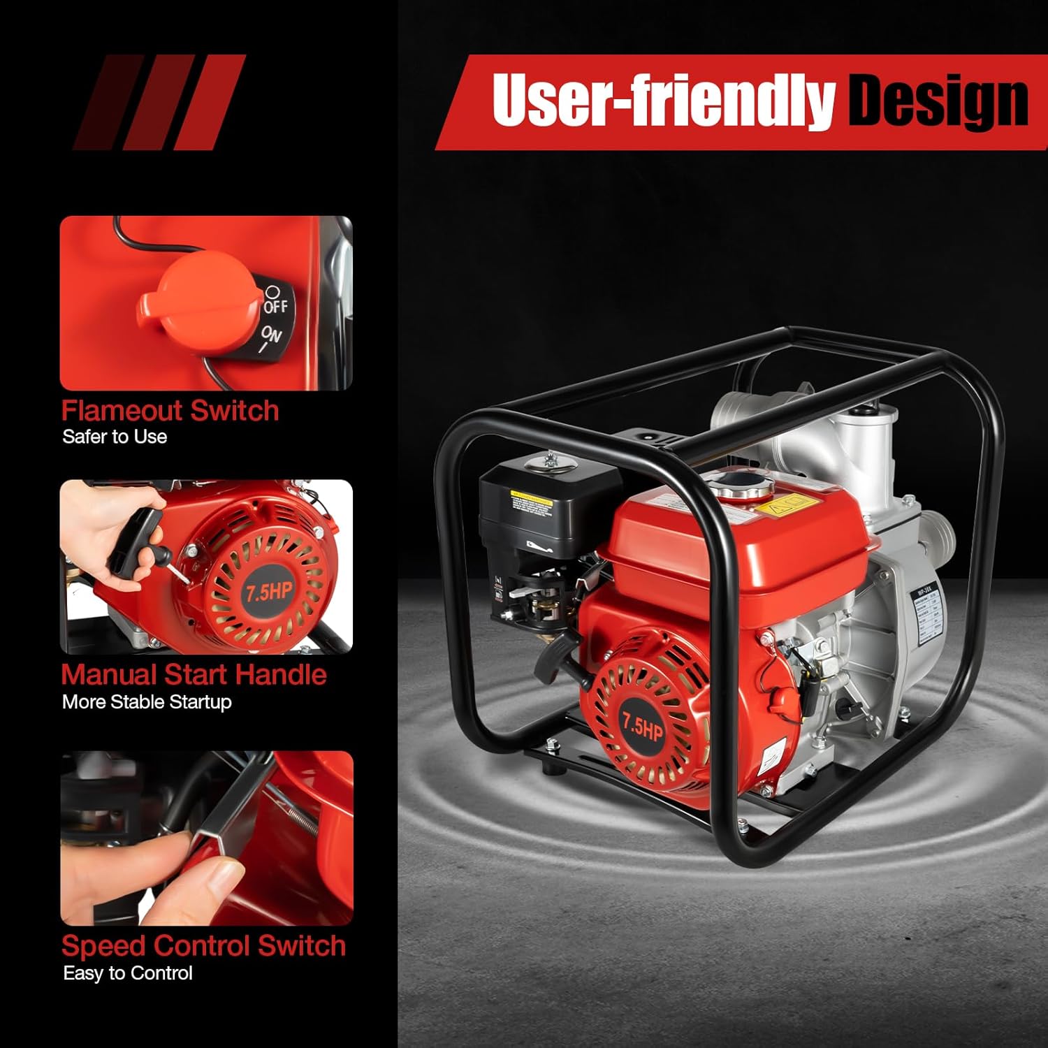 3" 7.5HP Gas Powered Trash Water Transfer Pump, 196cc 4-Stroke Gasoline Powered Trash Pump 26ft Suction, Max 92ft Lift, with Impurity Filter for Farmland Watering, Garden Irrigation