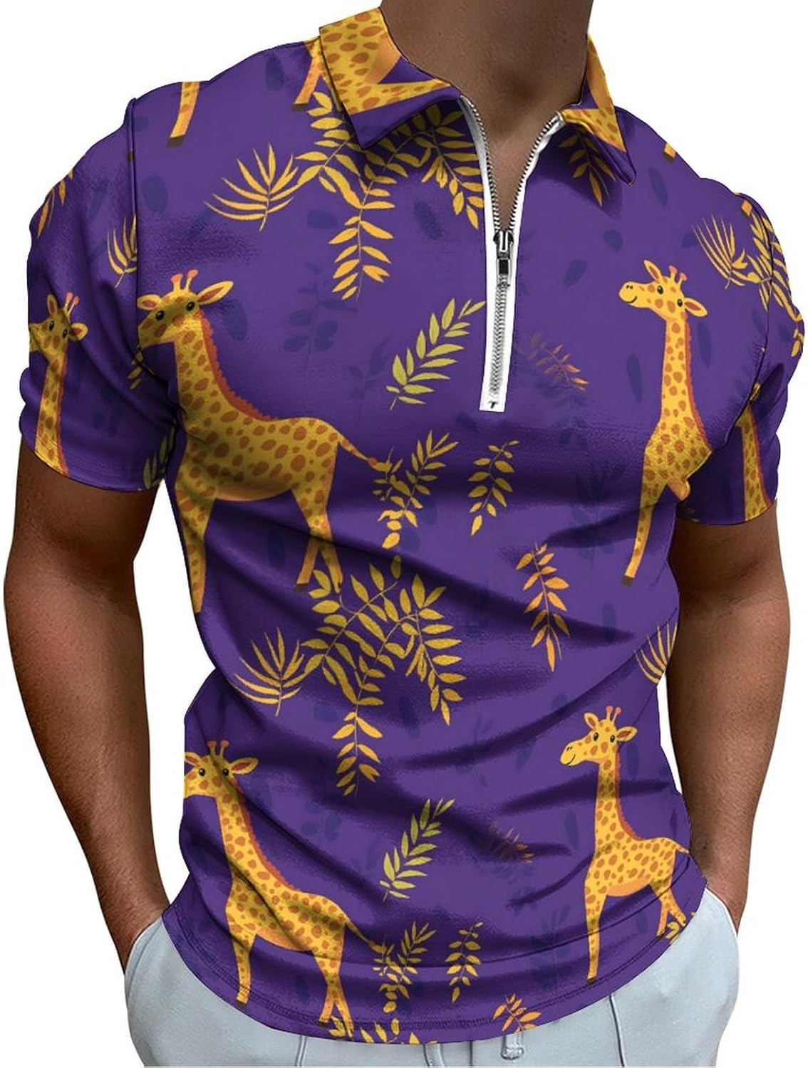 Cute Giraffe Tropical Leaves Polo Shirts for Men Dress Shirts Short Sleeve Golf Shirt Casual T-Shirts Top