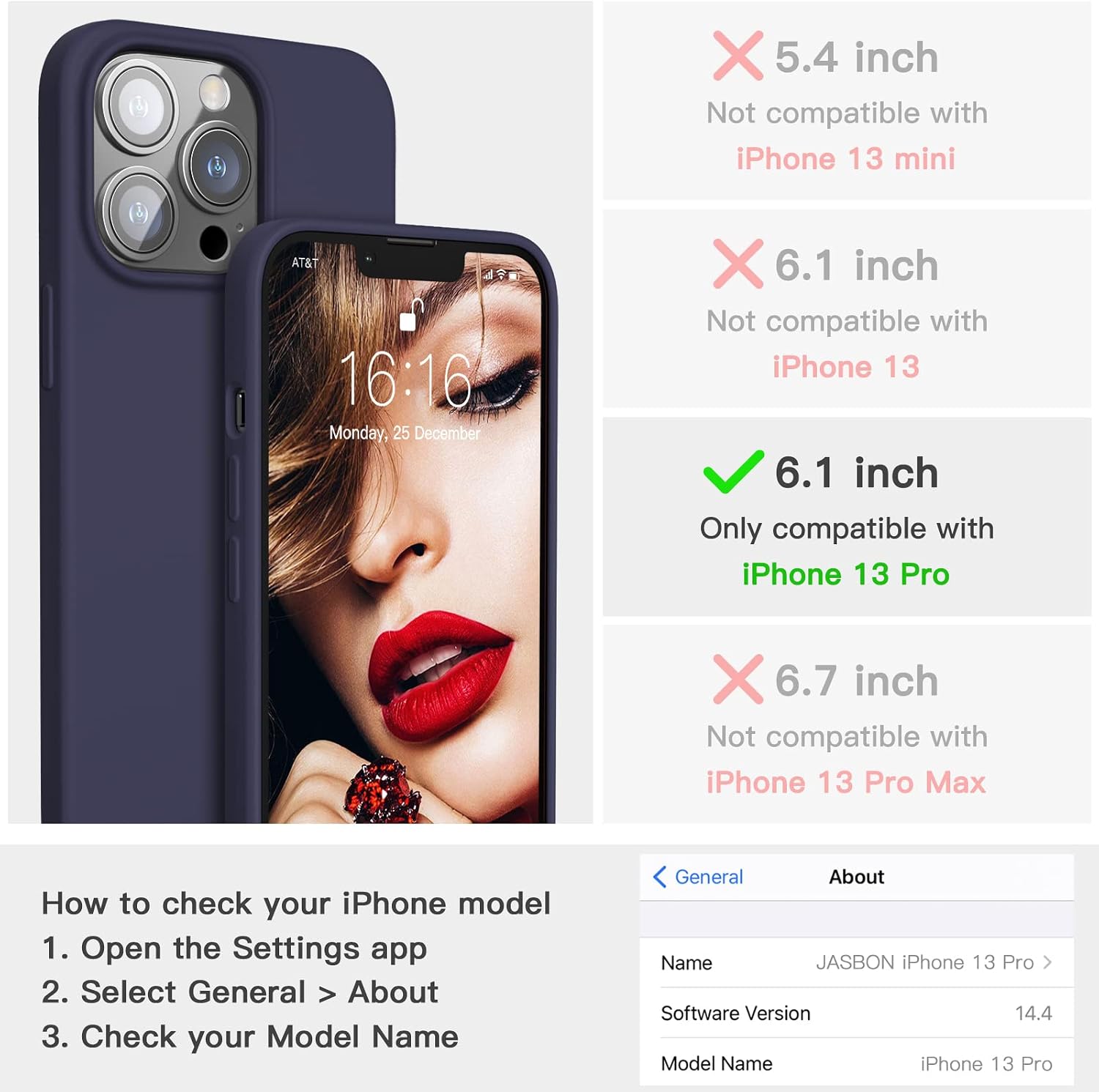 JASBON Magnetic Slim for iPhone 13 Pro Case, Compatible with MagSafe, Silicone Shockproof Protective Phone Case Lightweight Full Body Cover for iPhone 13 Pro 6.1'' 2021 - Navy Blue