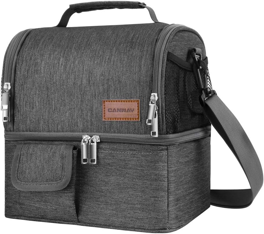 Insulated Lunch Bag, Dual Compartment Lunch Tote Box Leak-proof Bento Organizer,Double Deck Cooler for Men, Women for Office/Picnic/Travel/Camping (Black)