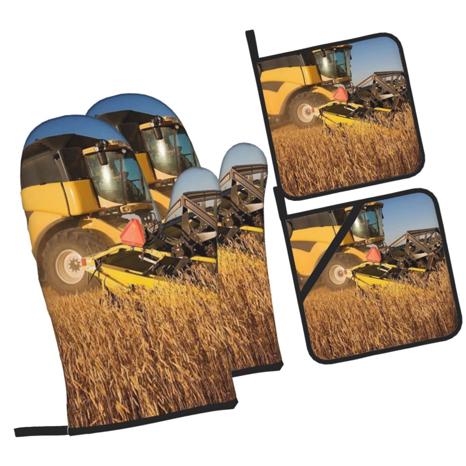 Farm Tractor Printed Oven Mitts and Pot Holders Heat Resistant Set of 4 Pcs, Modern Kitchen Gloves & Potholders for Cooking Baking Grilling