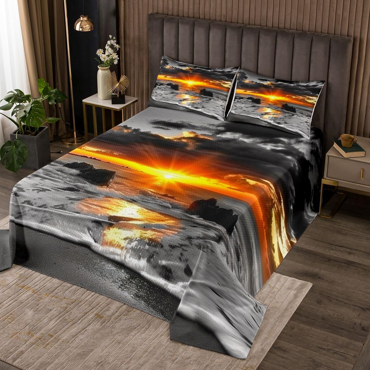 jejeloiu Beach Bedspread Quilts Coastal Ocean Coverlet Set Queen Size for Kids Boys Girls Sunrise Seascape Quilted Coverlet for All Season with 2 Pillowcases Microfiber