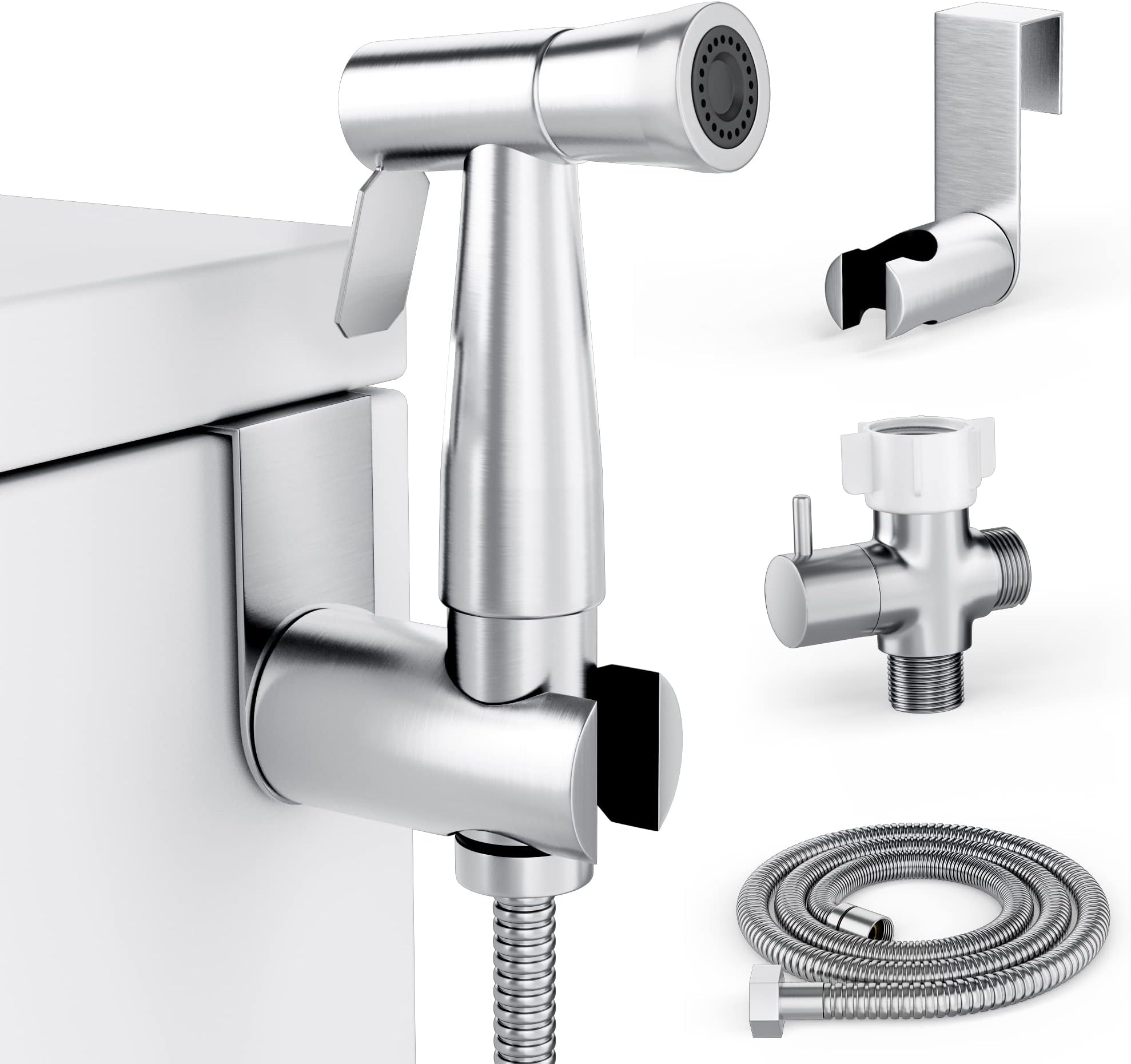 PurrfectZone Luxury Handheld Bidet Sprayer Set - Baby Cloth Diaper Sprayer - Hand Held Muslim Shattaf Kit - Premium Stainless Steel & Brass T-Adaptor- Low to High Water Spray, Wall or Toilet Mount