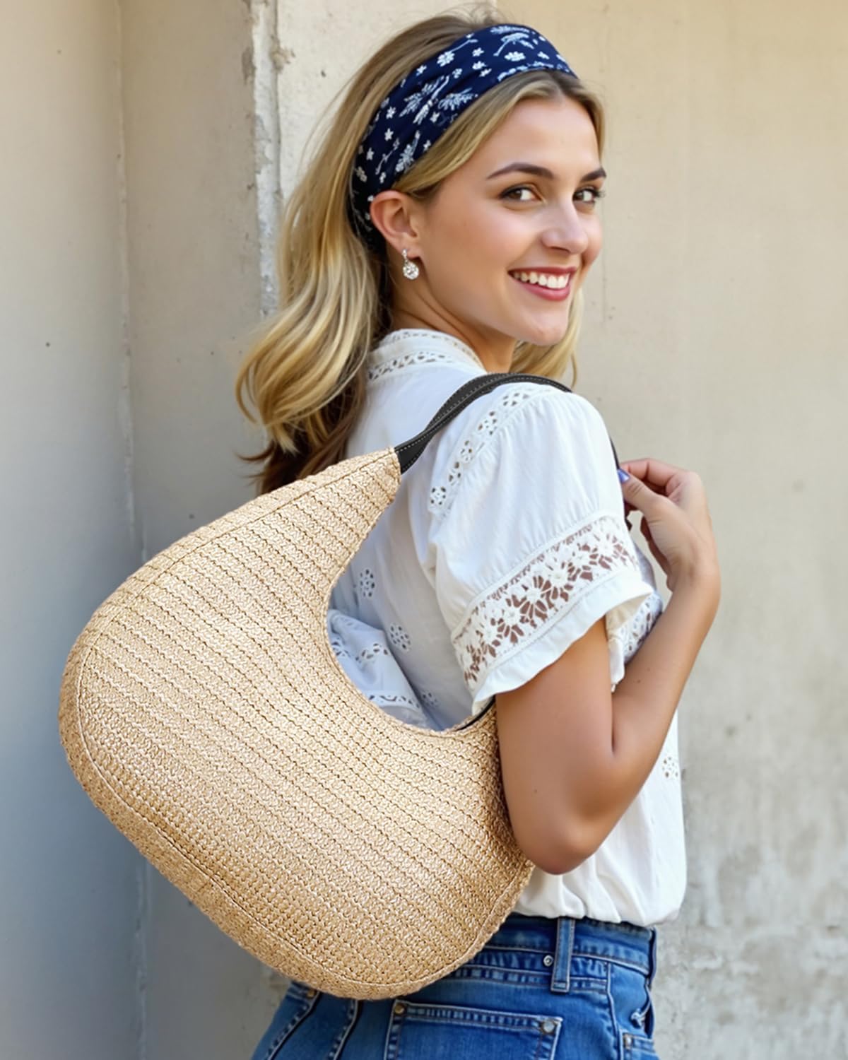 Herald Hobo Crescent Straw Handbag for Women, Summer Beach Tote Bag Purse Top Handle Satchel with Adjustable Strap - Image 2