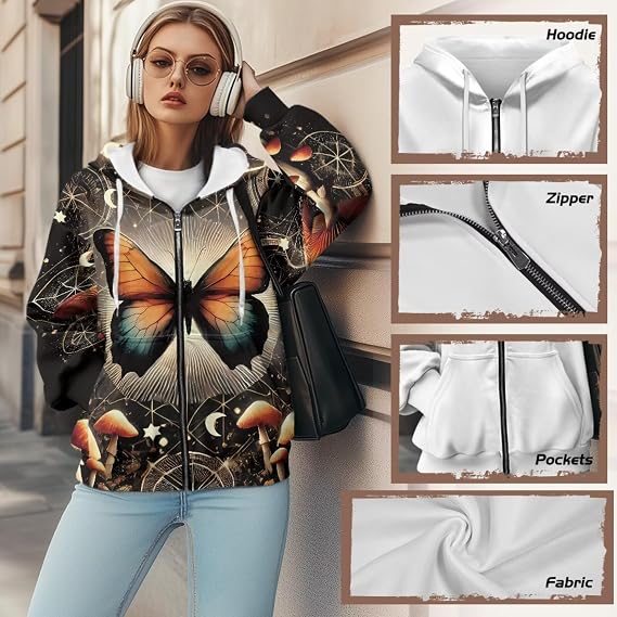 Wellflyhom ジッパー スウェットシャツ パーカー 女性用 オーバーサイズ Y2k ジャケット グラフィック セーター シャツ 長袖 ルーズコート 秋服