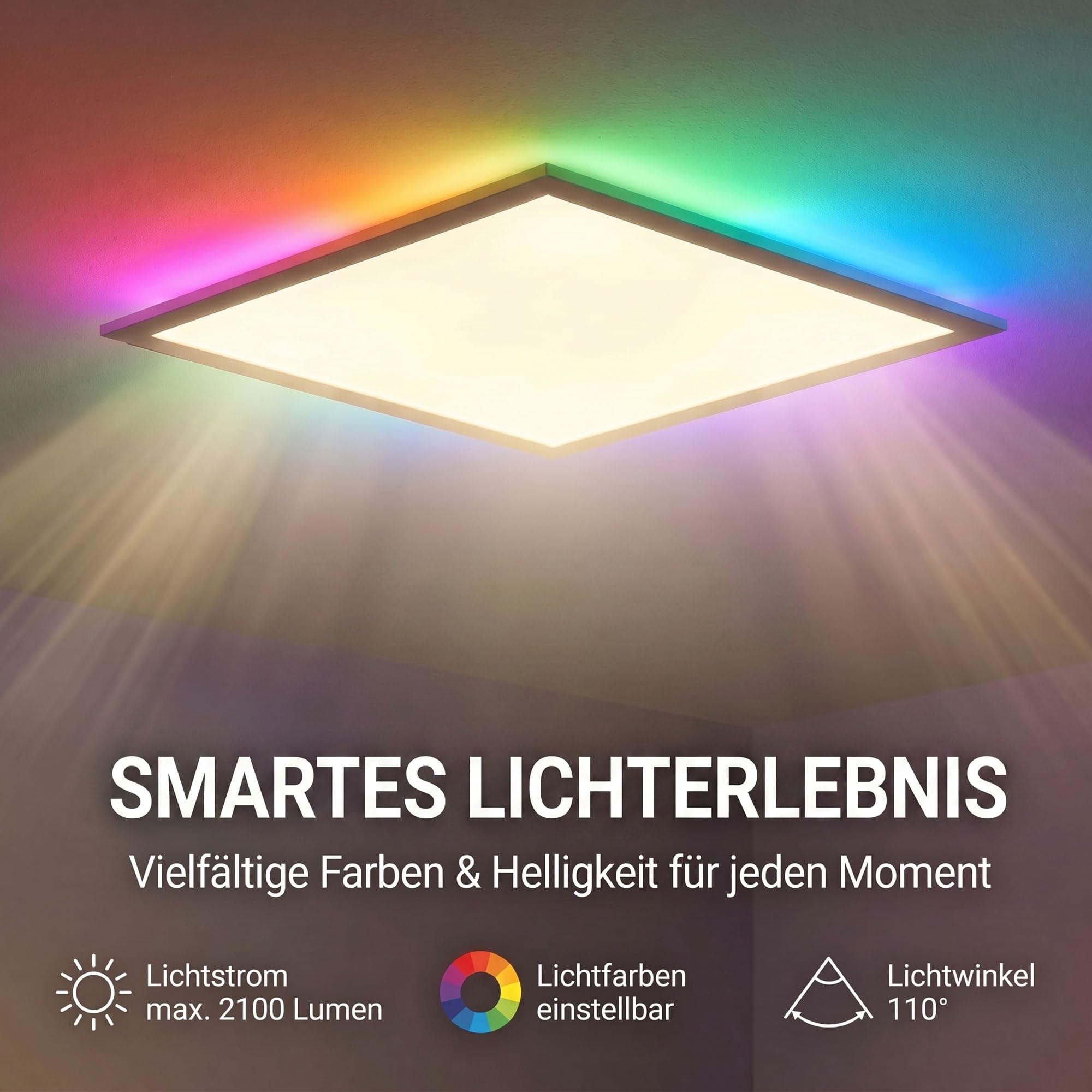 Maxkomfort LED RGB Deckenleuchte - Dimmbar, 3 Lichtfarben, RGB-Farbwechsel & Indirekte Beleuchtung - Modernes Panel für Wohnzimmer, Schlafzimmer, Büro - 45x45 cm - Weiß