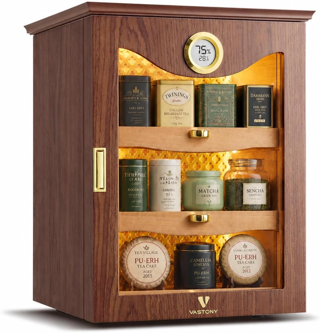 Deluxe Spanish Cedar Lined Display Case with Smart Humidity Monitor, Elegant Walnut/Obsidian Finished Wood Cabinet for Valued Collectibles, Interior LED Lighting
