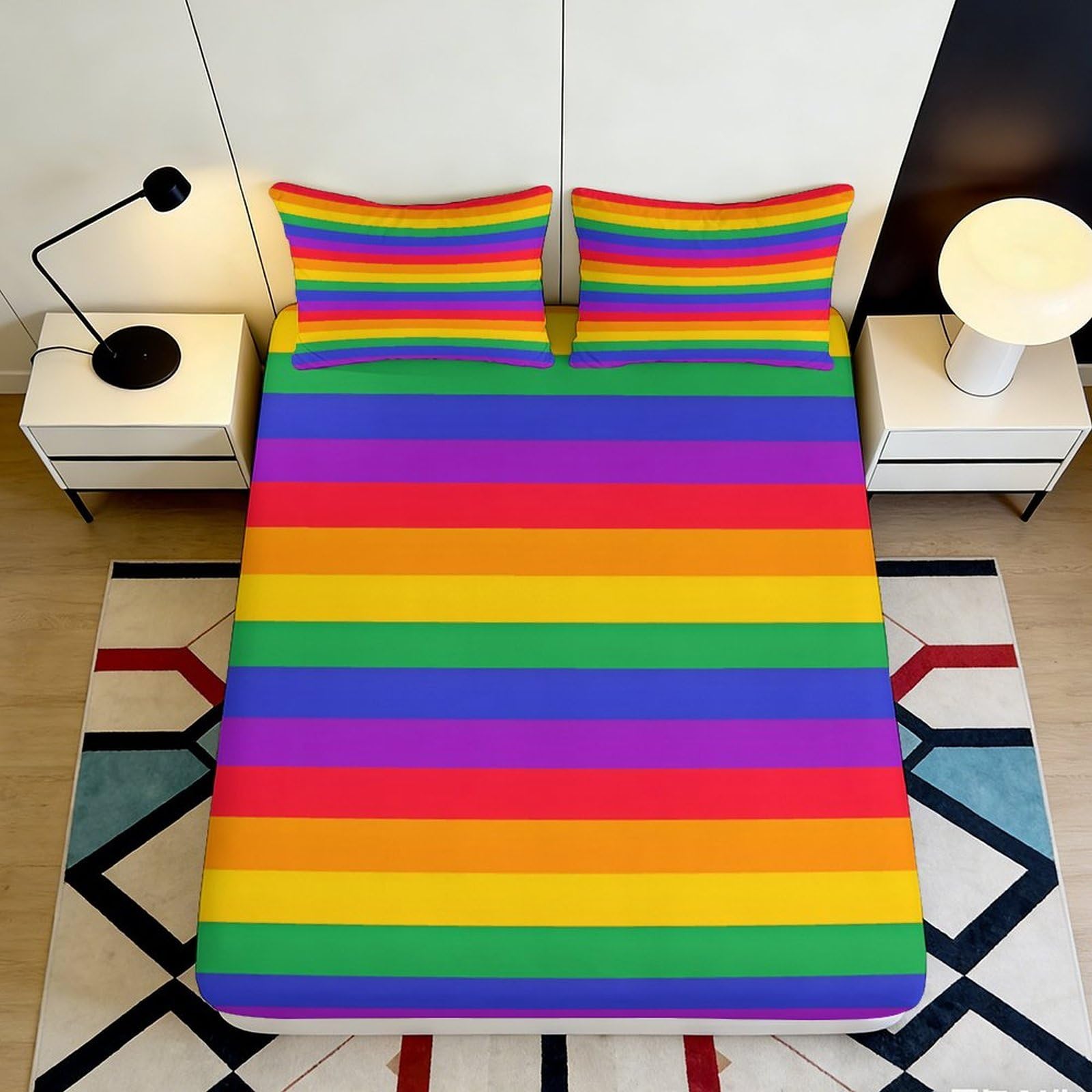 3D Printed Rainbow Stripe Fitted Sheet Microfiber Deep Pocket Non-Slip Rainbow Stripe Mattress Fitted Cover for Bedroom 140x200x25cm