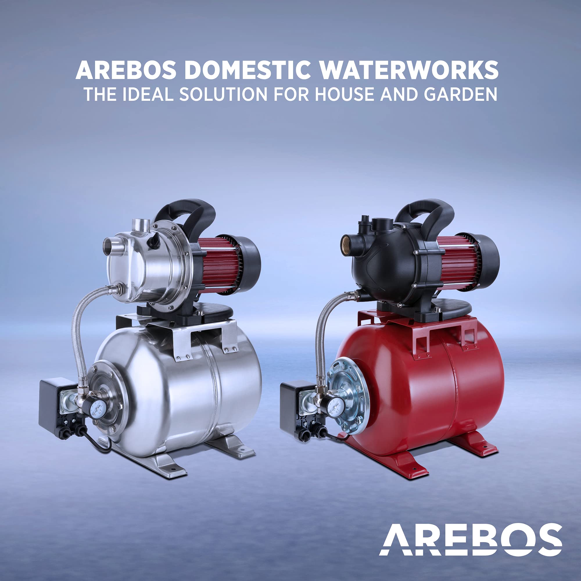 Arebos - Acqua domestica | 1000 Watt | portata 3500 l-h | altezza 44 metri | serbatoio da 19 l | certificazione GS