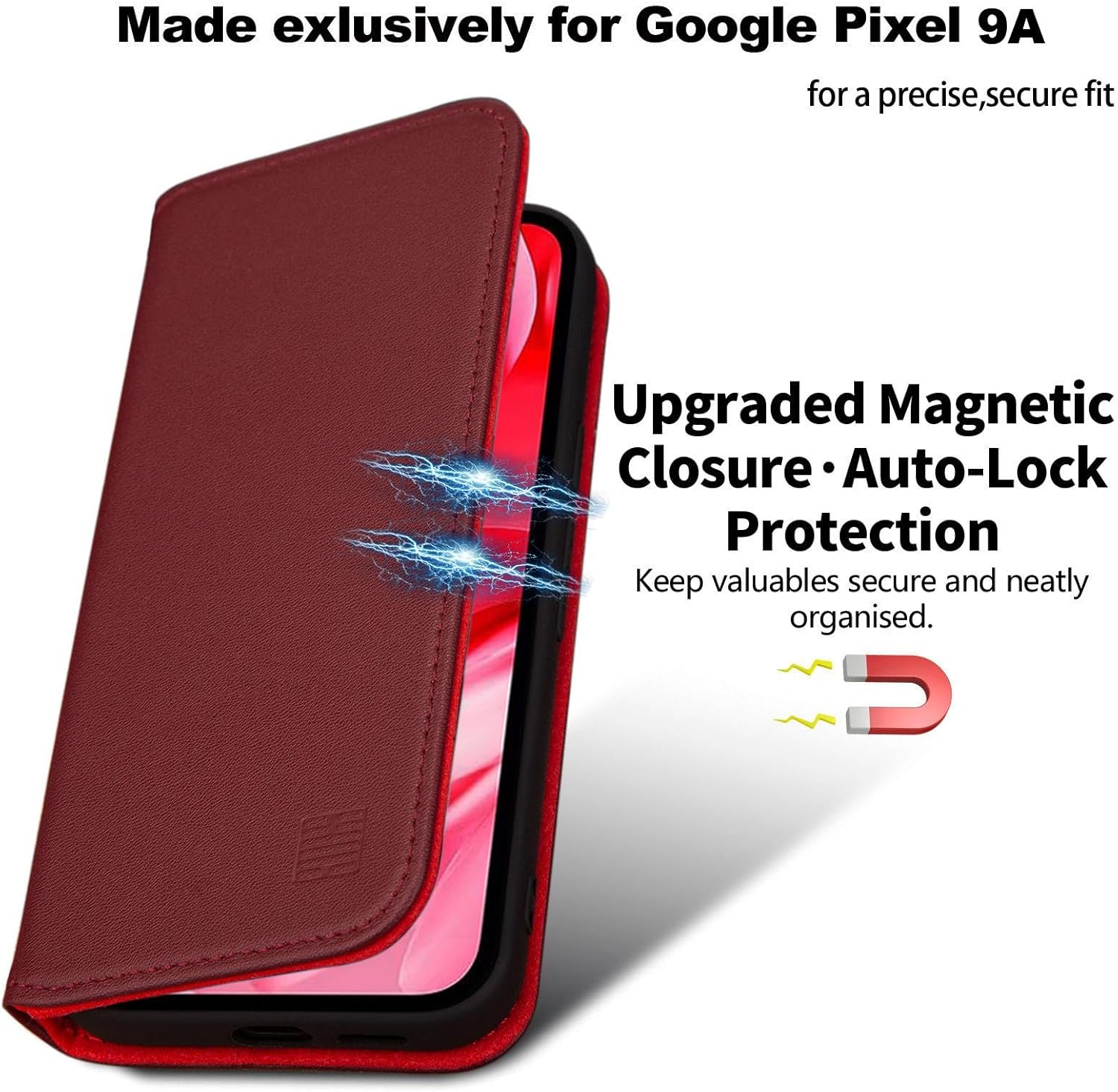 32nd Classic Series 2.0 - Real Leather Book Wallet Flip Case Cover for Google Pixel 9a, with RFID Blocking Card Slot, Magnetic Closure and Built in Stand - Burgundy