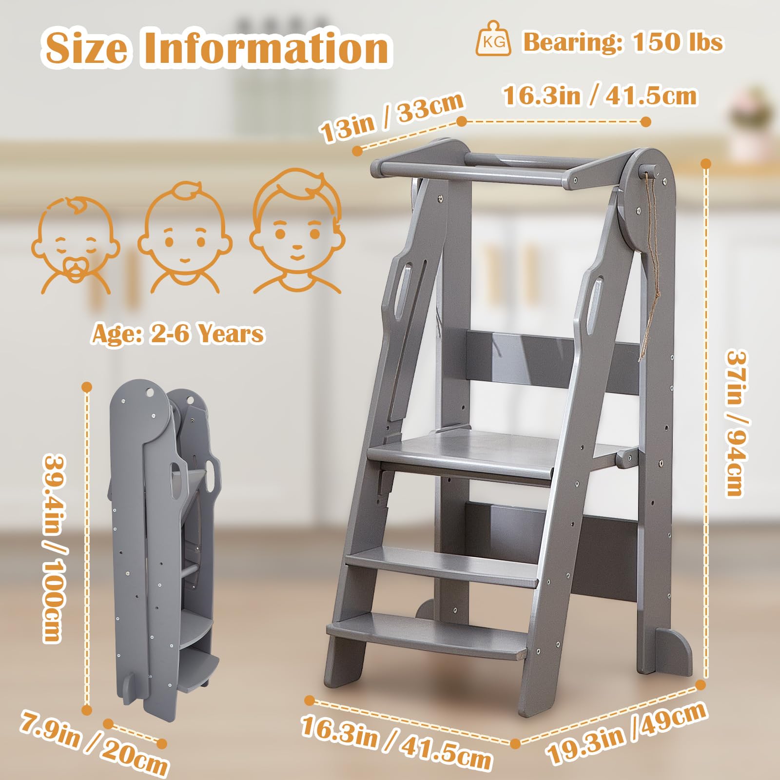 FUNLIO Montessori Tour Pliable Réglable en Hauteur sur 3 étages, Tour d Observation Enfant de 2 à 6 Ans, Facile à Assembler, Tour d'observation Montessori avec Rails de sécurité, approuvé CE - Gris