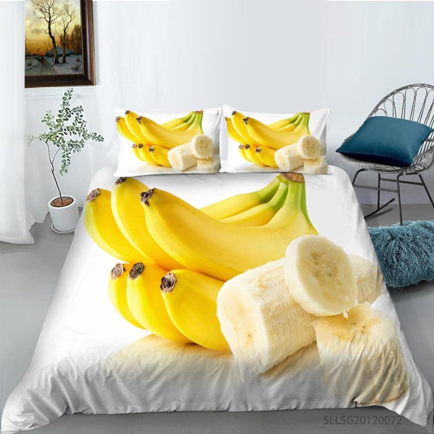 Housse de couette 220x240 banane anti-plis, parure lit 2 personnes douce
