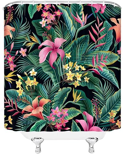 Miniatura 2 de CHui DECOR Cortina de ducha de plantas tropicales florales con hojas de palma, hibisco, plumeria, flores, tela botánica hawaiana, cortina de baño de