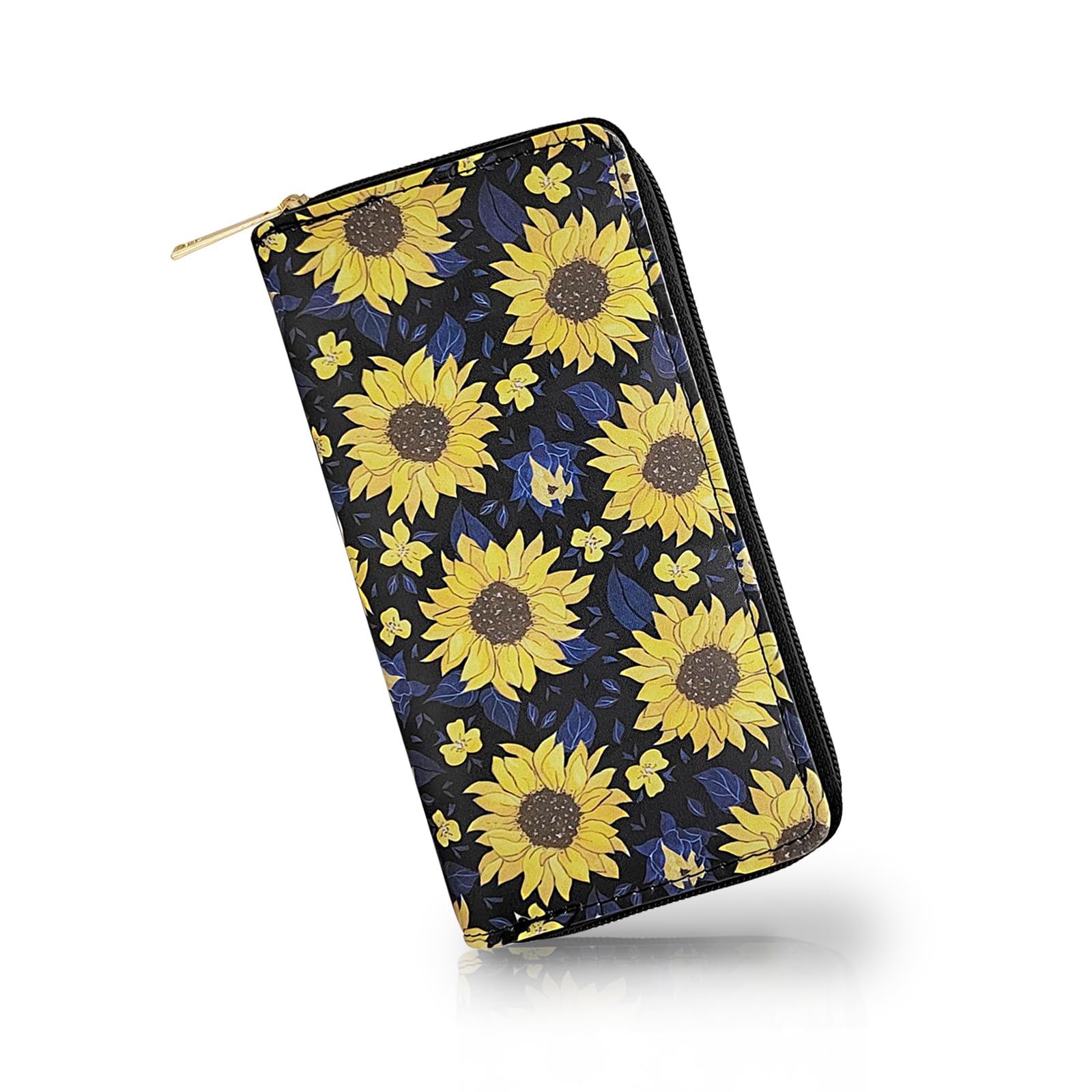 FuninCrea Womens Wallet, PU Leather Wallets for Women, Long Card Wallet with Flower Pattern, Multi Compartment Ladies Wallet Stylish Minimalist Wallet with Zipper for Cards, Momey, Coin, Bill (yellow)