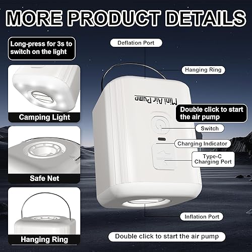 Miniatura 5 de Portable Air Pump for Inflatables Mini Air Pump with 1600mAh Battery & Camping Light - Rechargeable Electric Pump for Vacuum Storage Bags, Air