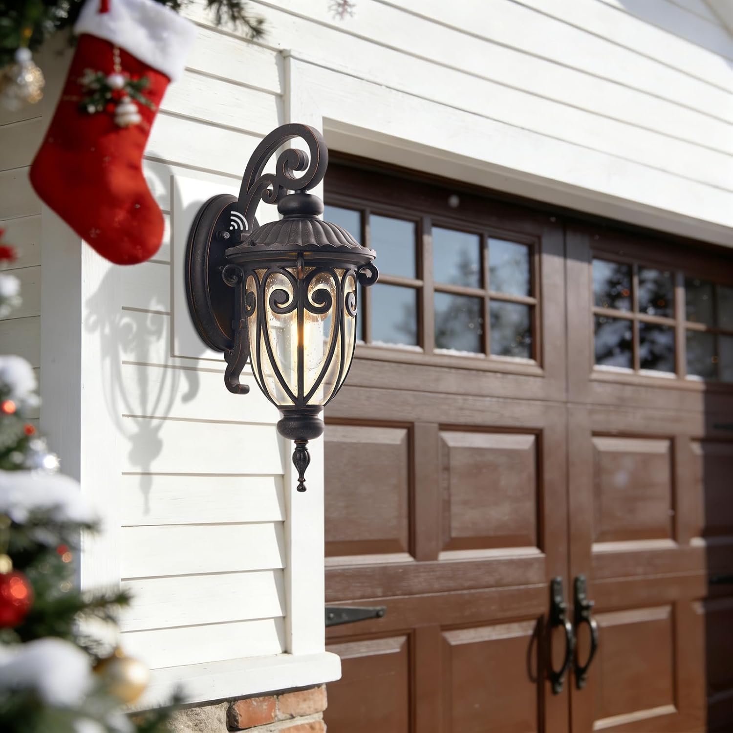 18in dusk to dawn outdoor wall light for house, bronze exterior wall lantern for garage, aluminium porch door lights fixture with clear seeded glass shade for entryway, front door 18in wall mount x 2