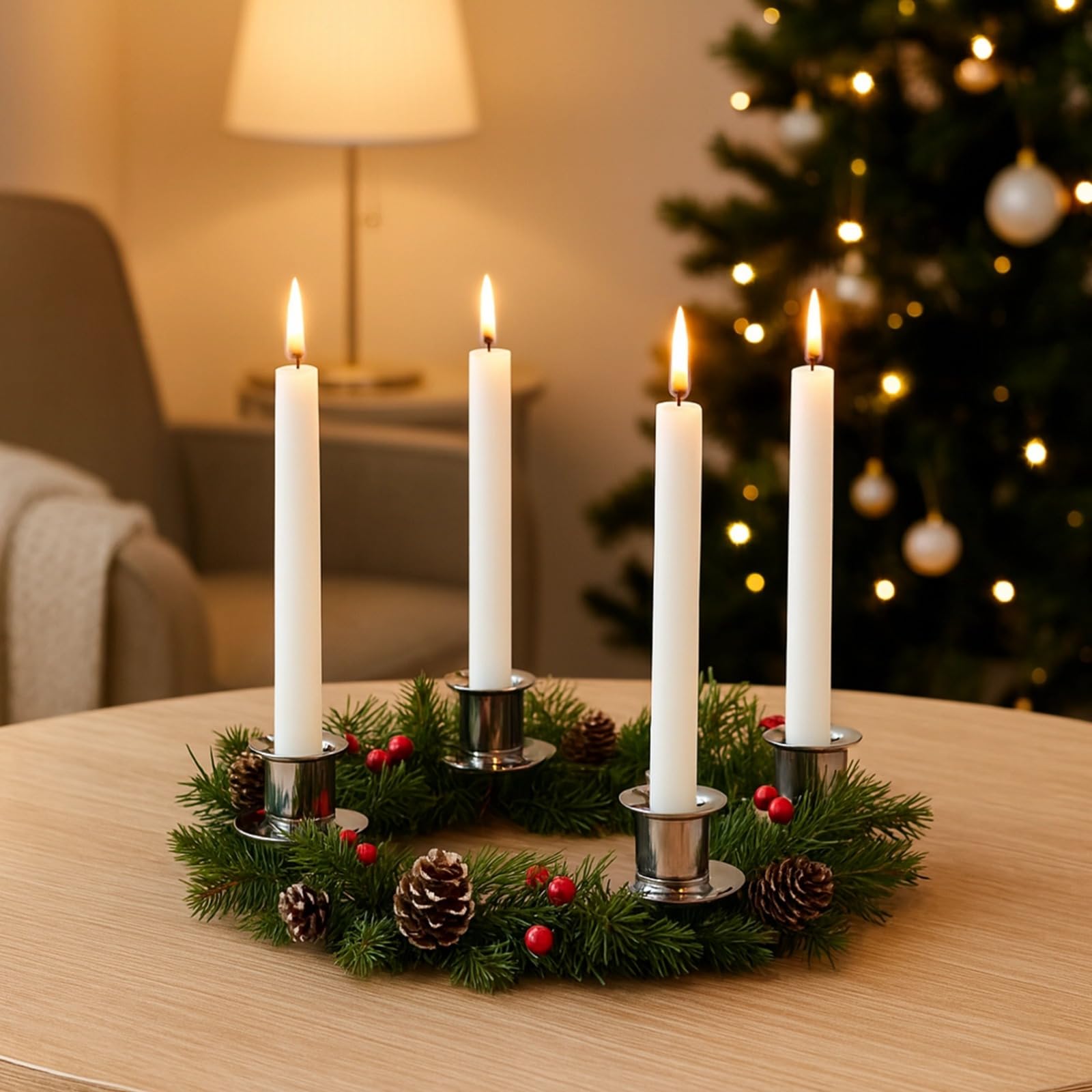 Adventskranz Silber, Metall Kerzenring Gestell mit 4 Kerzenhaltern, 26 cm, Elegante Silberne Oberfläche, für den Kamin, Tisch und die Fensterbank, Festliche Weihnachtsdeko im klassischen Stil