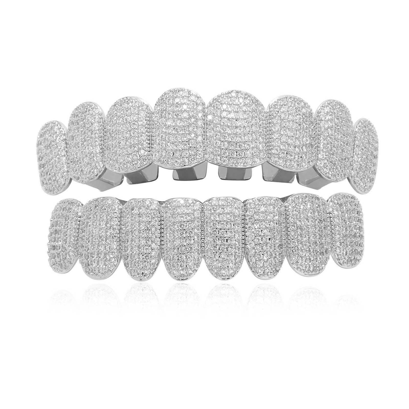 Generic Hip Hop Dents Grillz Caps Iced Out CZ Top et Bottom Plaqué Or Brillant Vampire Fangs Grillz pour vos dents pour les hommes et les femmes,Argent,set