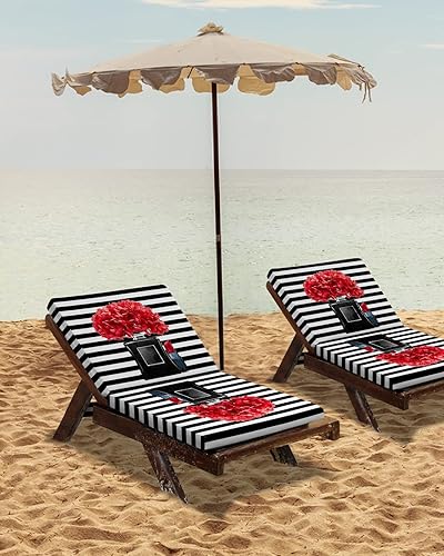 Miniatura 7 de Gredice Juego de 2 fundas de cojín para asiento de exteriores, diseño de flores rojas sobre rayas blancas y negras, funda de repuesto para sillas de