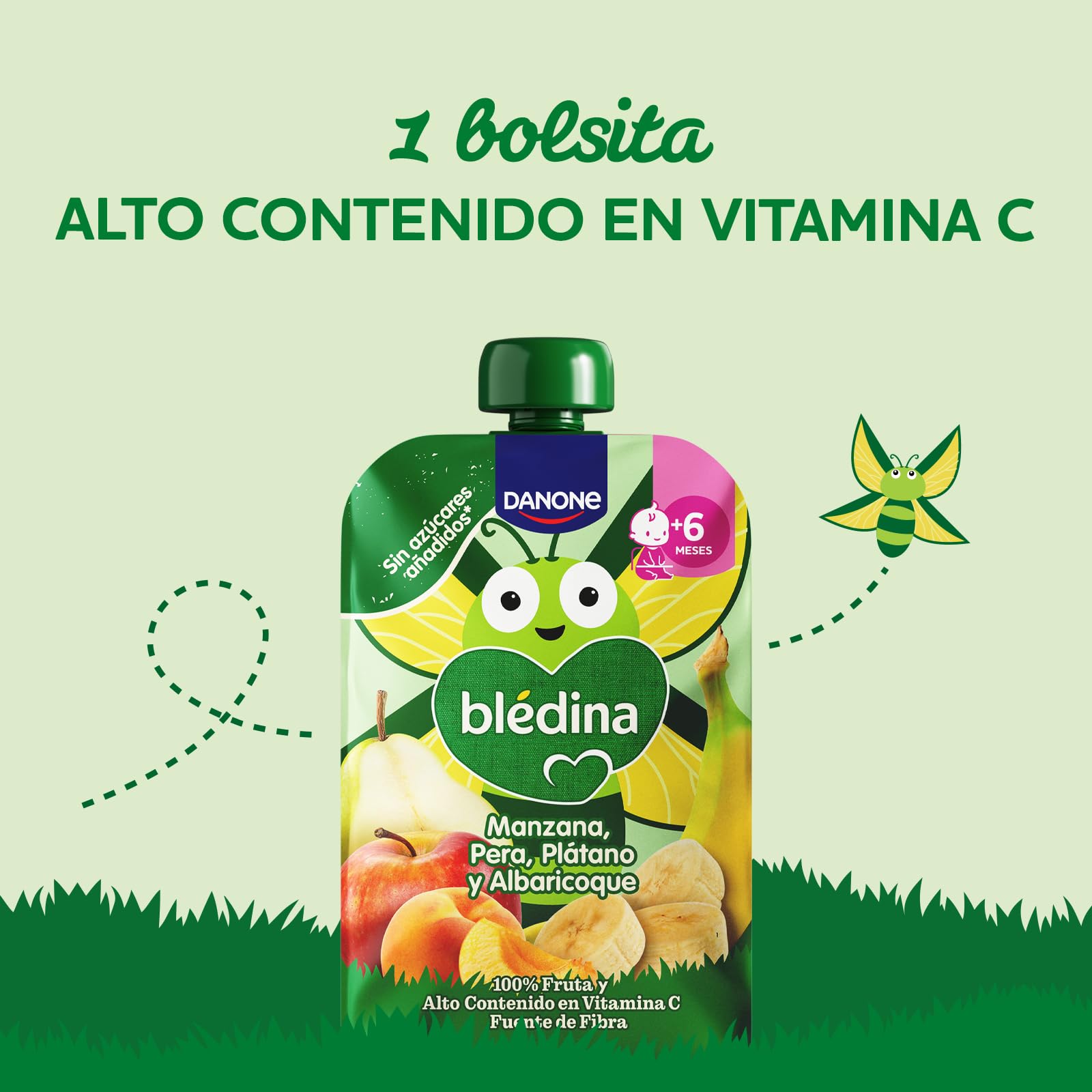 Blédina Bolsita de Manzana, Pera, Platano y Albaricoque para Bebé, 100% Fruta, Sin Azúcares Añadidos, Vitamina C, Fibra, 6 Meses, 100g