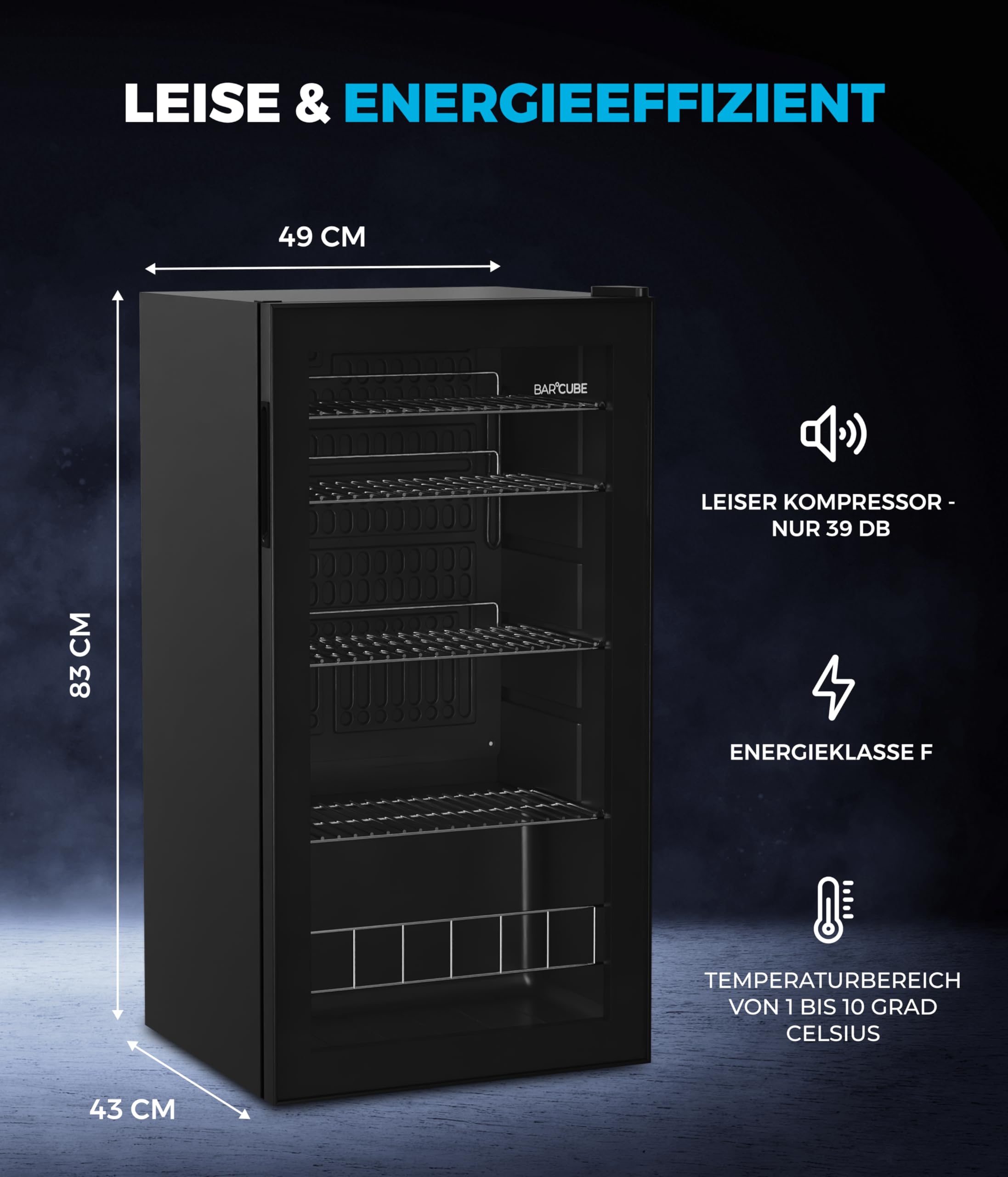 °CUBES BAR°CUBE 90L Getränkekühlschrank mit Glastür LED leiser Mini-Kühlschrank für Dosen Flaschen 4 Ablagen Schwarz