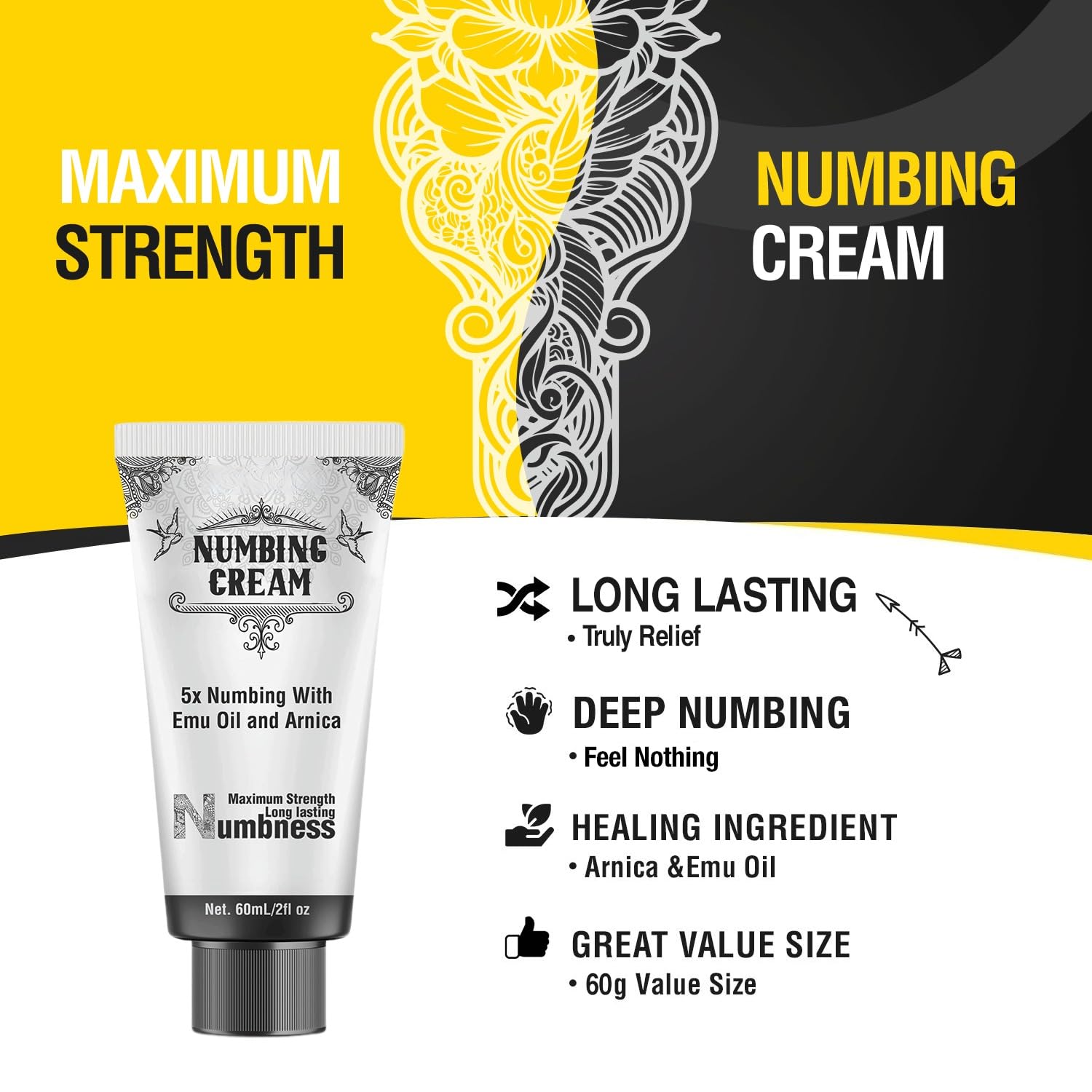2 Pack Numbing Cream Maximum Strength: Long Lasting Extra Relief with Menthol Arnica and Emu Oil 2 x 60ml - Image 2