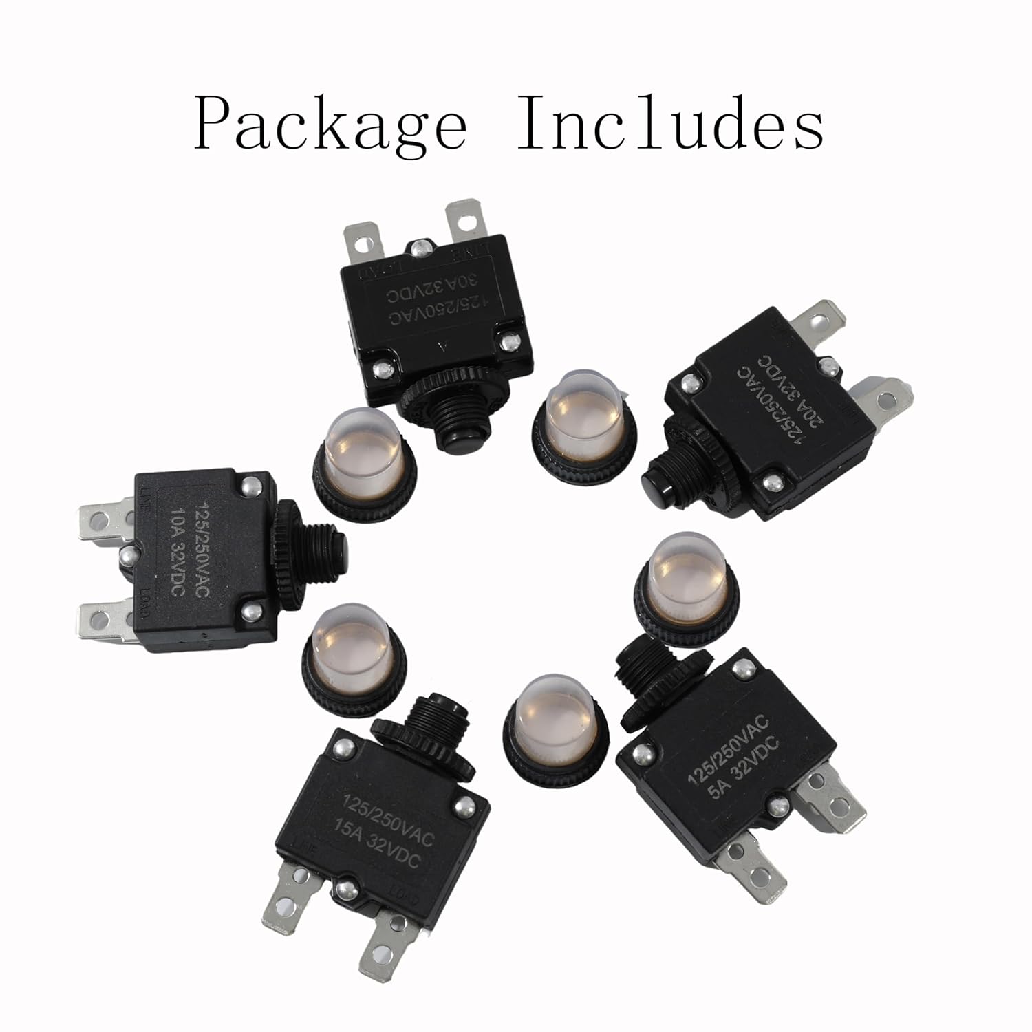 5pcs Push Button Reset 15 Amp Circuit Breakers with Manual Reset 32VDC, Trolling Motor Plug Stabilizer AC125-250V with Quick Connect Terminals